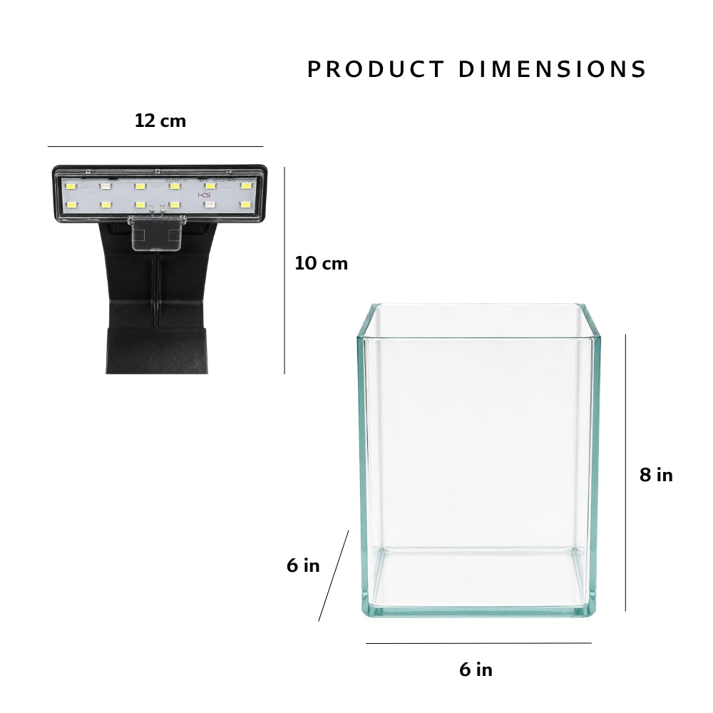 Mini Curved Glass Aquarium Tank Set | SFlora Clip-on LED Light (6W) | Black Pebble Pouch | Betta Fish (Optional)