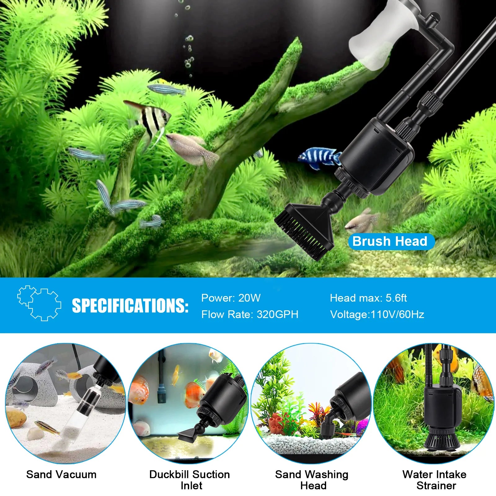 AQQA AQ013 5-in-1 Electric Aquarium Gravel Cleaner Set | Powerful Vaccum | Adjustable Length | Quiet Copper Motor