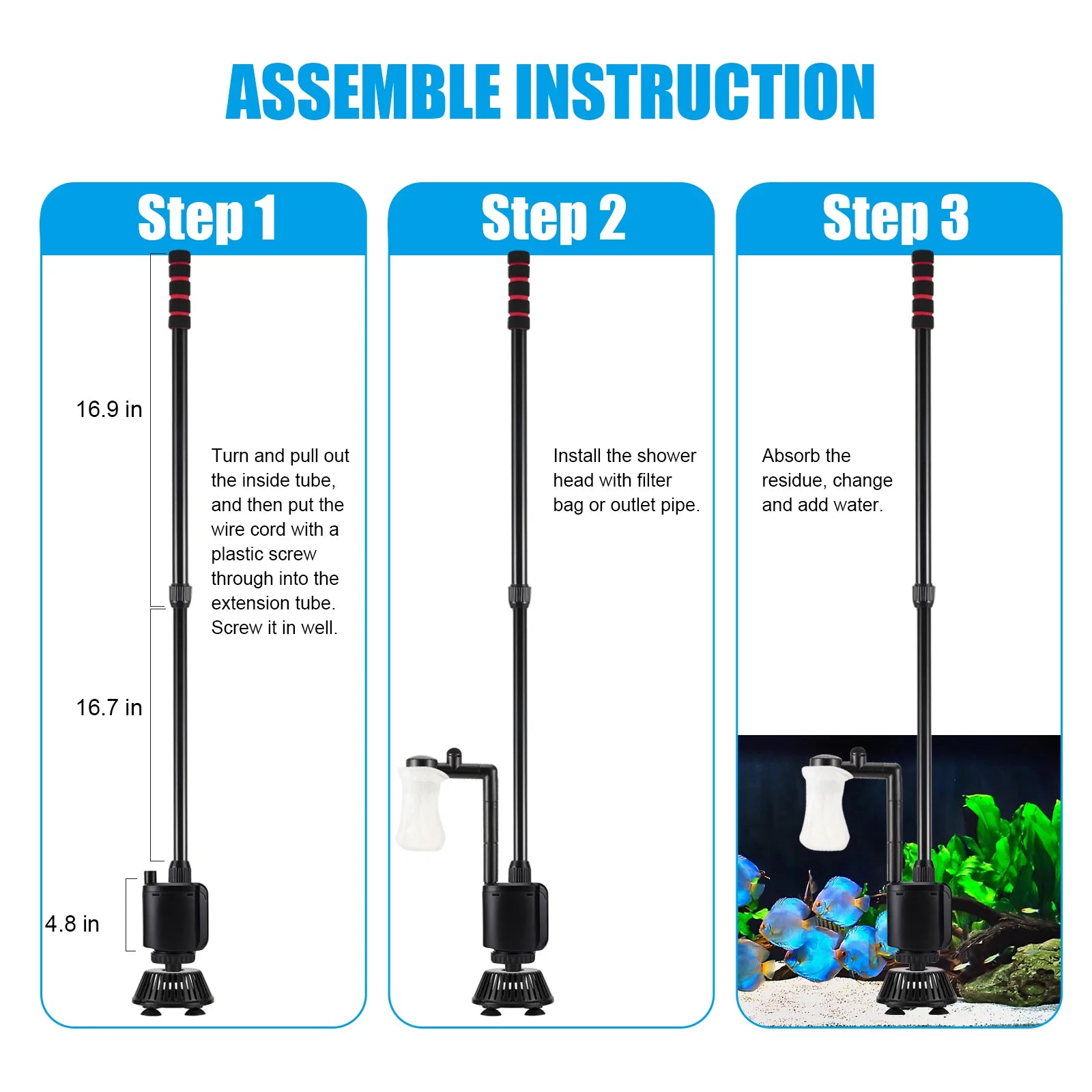 AQQA AQ013 5-in-1 Electric Aquarium Gravel Cleaner Set | Powerful Vaccum | Adjustable Length | Quiet Copper Motor