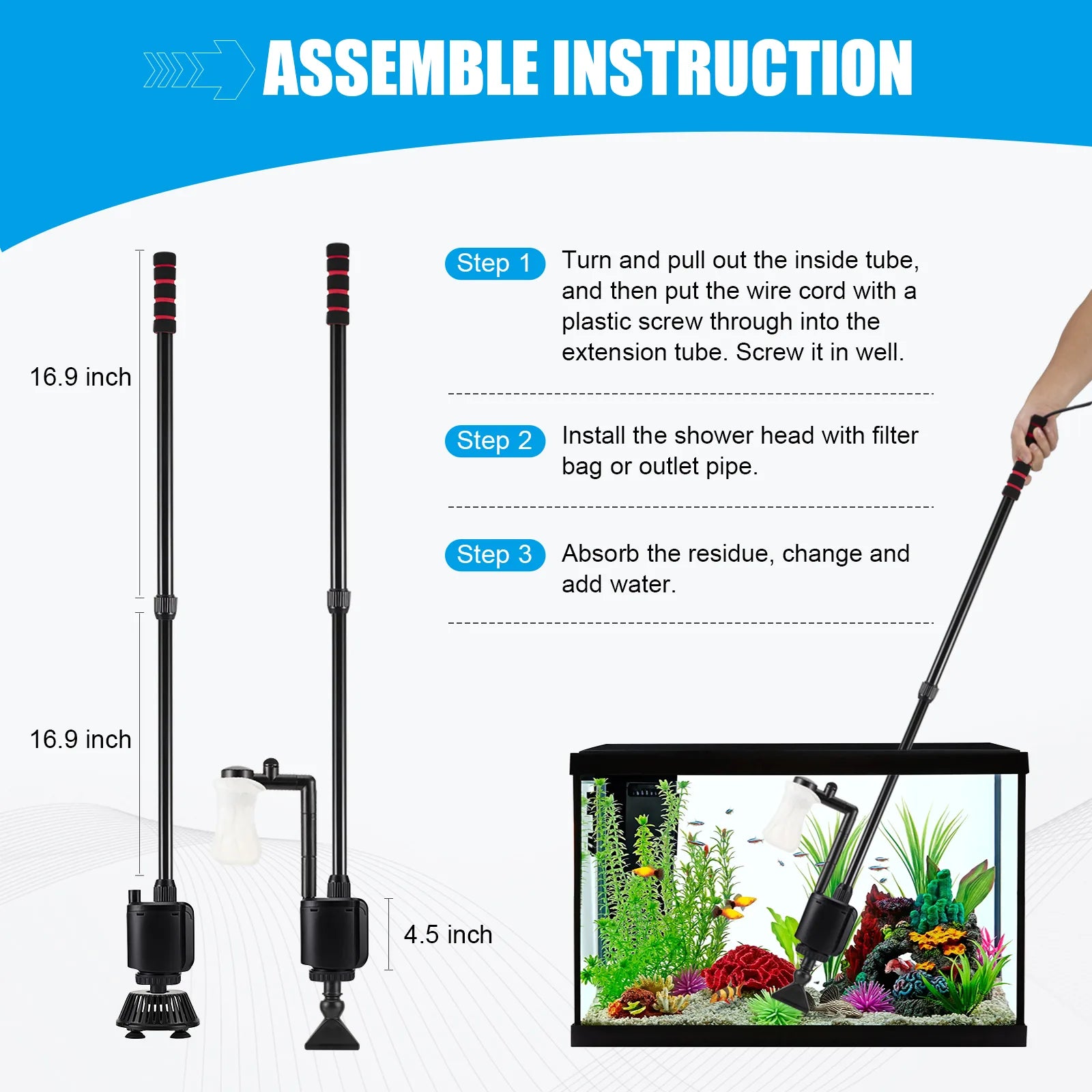 AQQA AQ013 5-in-1 Electric Aquarium Gravel Cleaner Set | Powerful Vaccum | Adjustable Length | Quiet Copper Motor