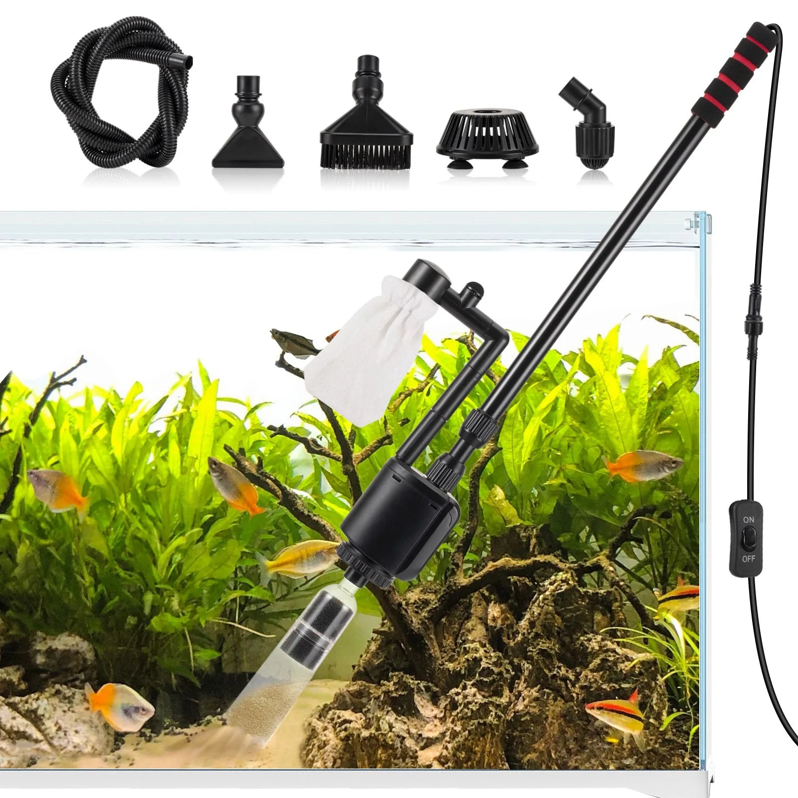 AQQA AQ013 5-in-1 Electric Aquarium Gravel Cleaner Set | Powerful Vaccum | Adjustable Length | Quiet Copper Motor