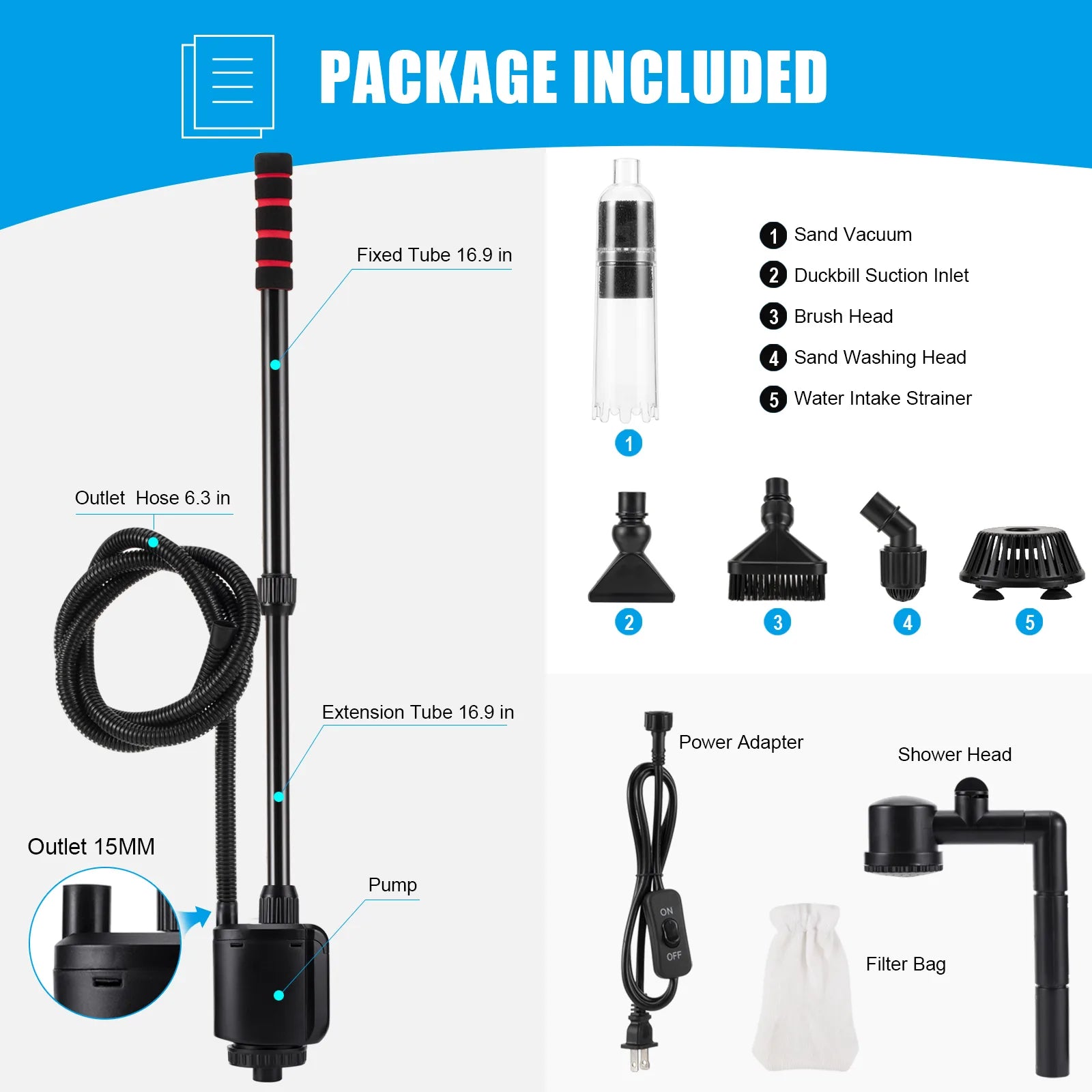 AQQA AQ013 5-in-1 Electric Aquarium Gravel Cleaner Set | Powerful Vaccum | Adjustable Length | Quiet Copper Motor