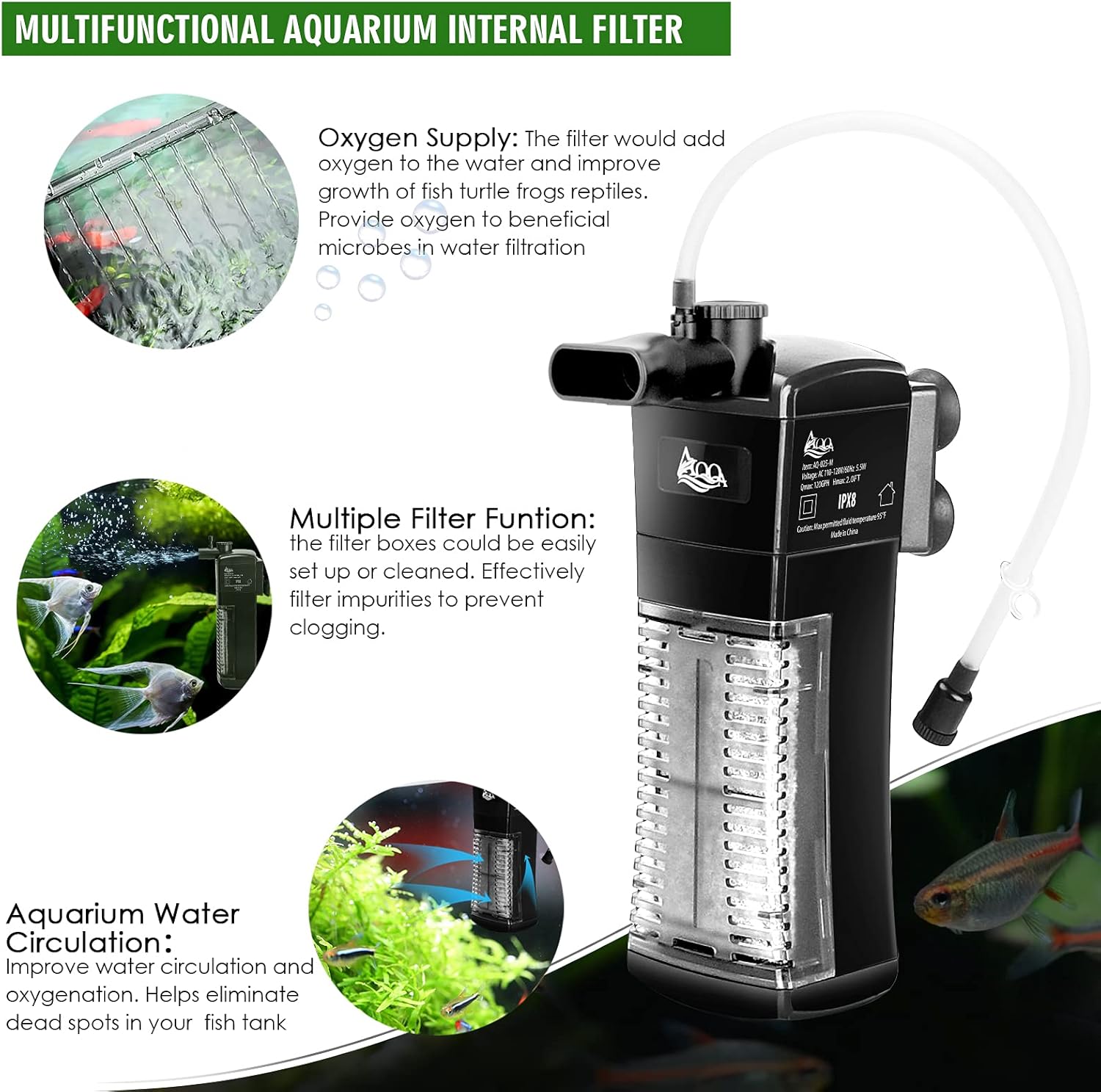 AQQA AQ025 5-in-1 Aquarium Internal Filter | Activated Carbon, Bio-ceramic Balls | Rotatable Rain Shower | Ultra-Silent