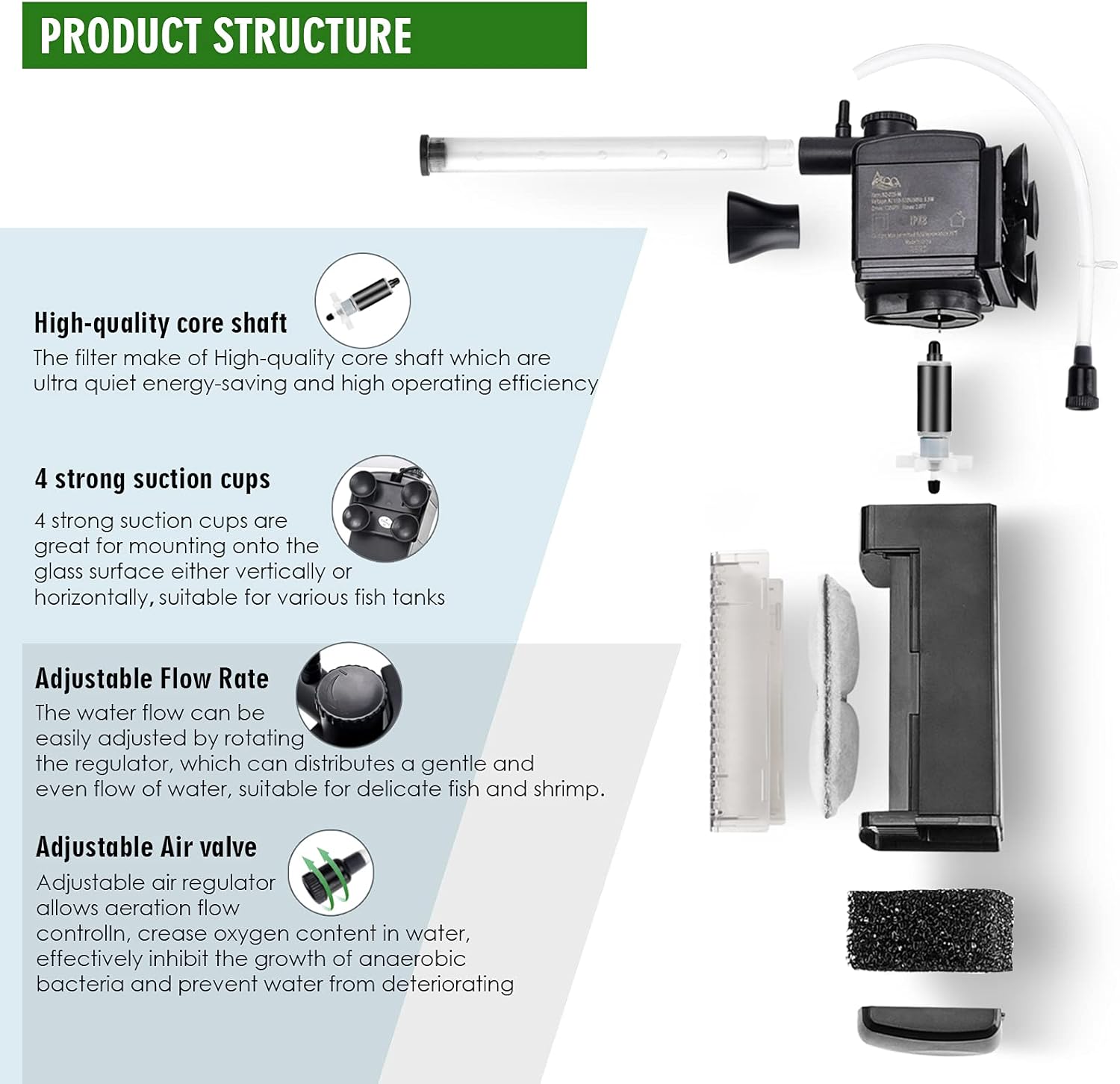 AQQA AQ025 5-in-1 Aquarium Internal Filter | Activated Carbon, Bio-ceramic Balls | Rotatable Rain Shower | Ultra-Silent