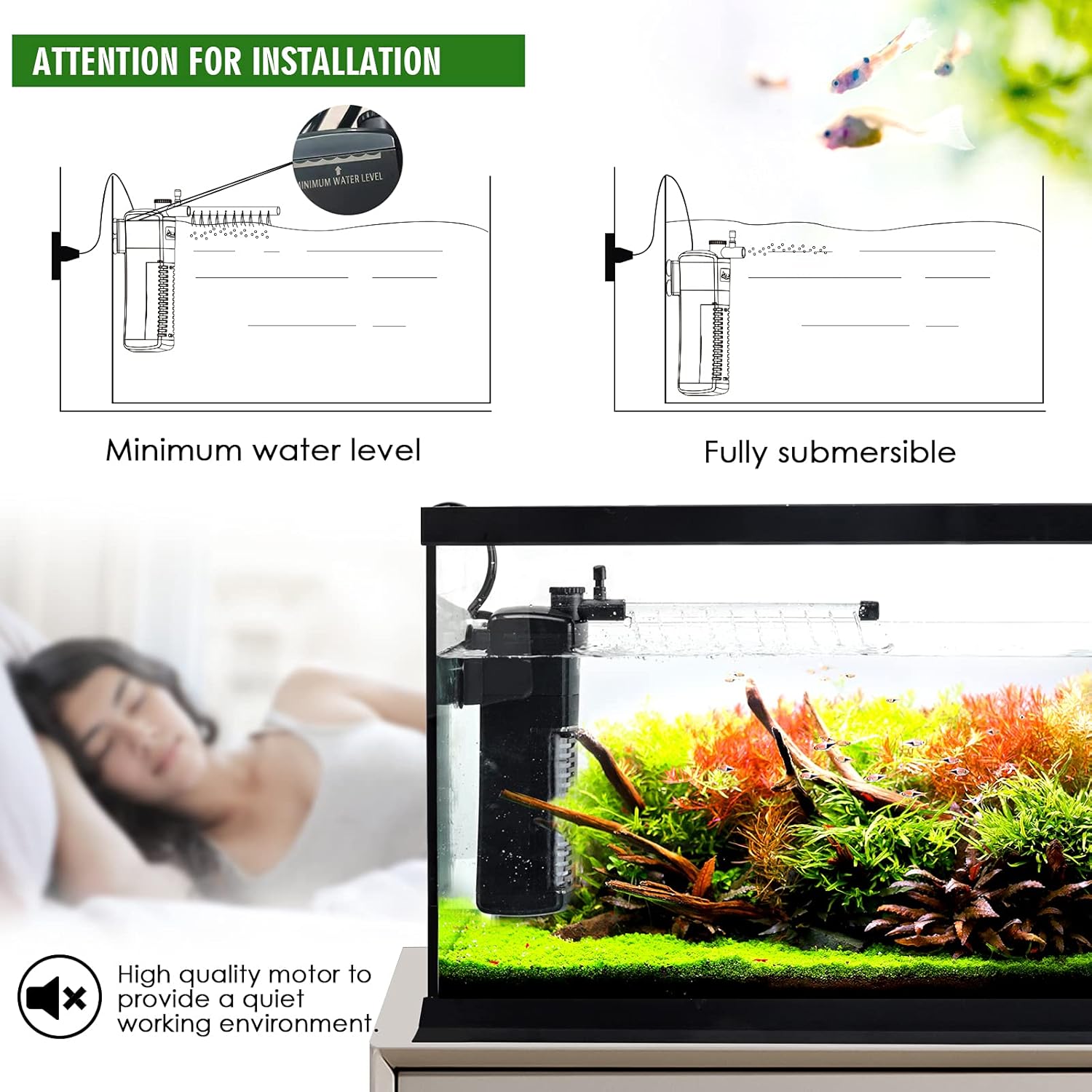 AQQA AQ025 5-in-1 Aquarium Internal Filter | Activated Carbon, Bio-ceramic Balls | Rotatable Rain Shower | Ultra-Silent