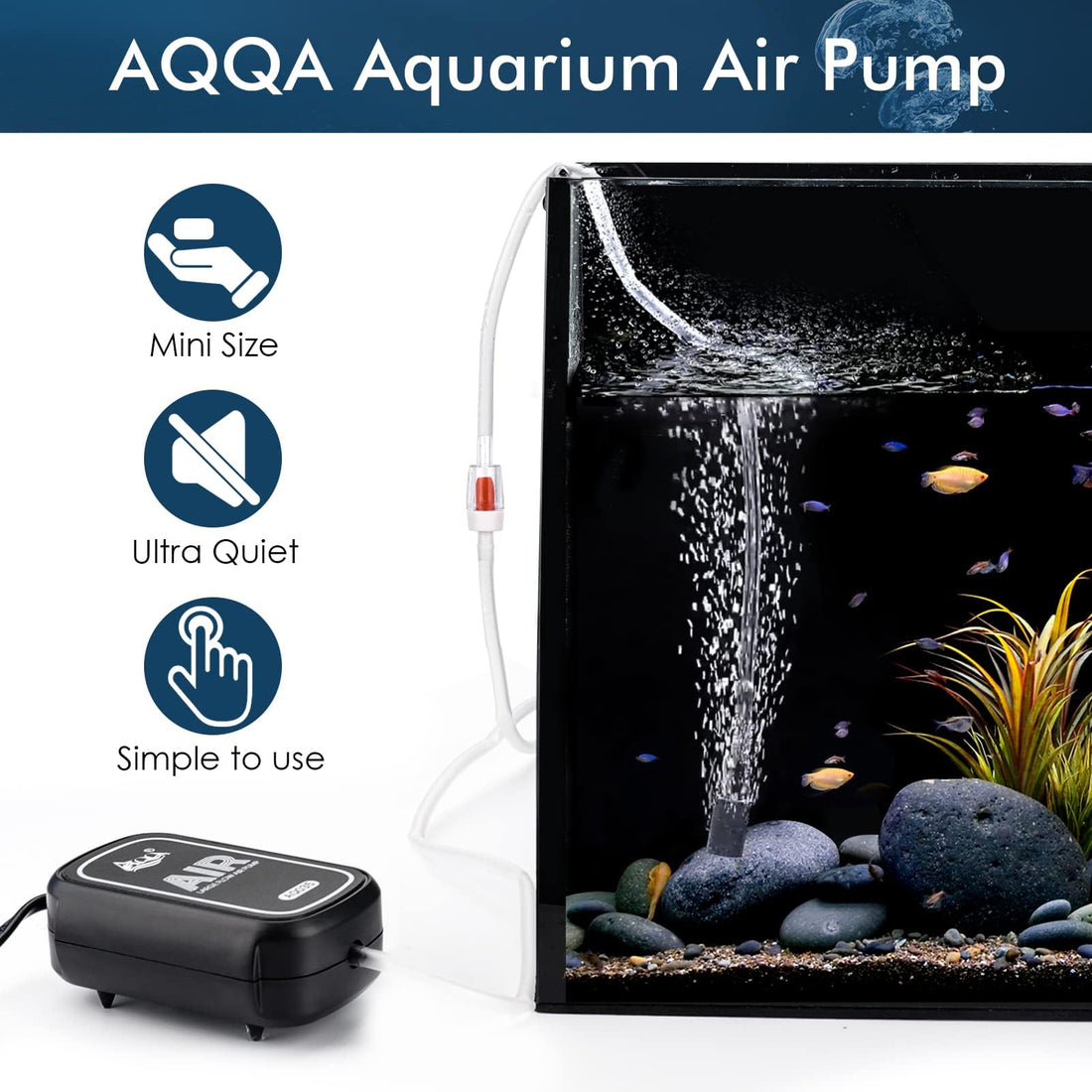 AQQA  AQ035 Aquarium Mini Air Pump | Ultra Quiet & Compact | 72 LPH | 2W | Air Tube, Air Stone and Check Valve Included