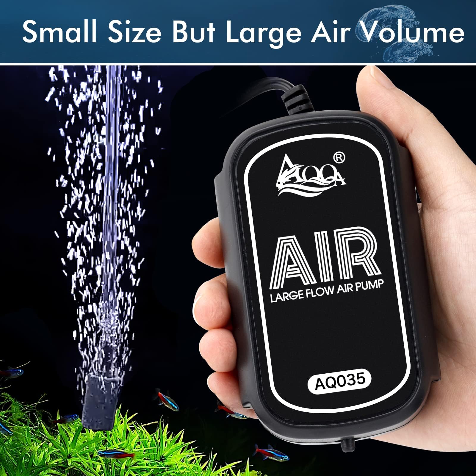 AQQA  AQ035 Aquarium Mini Air Pump | Ultra Quiet & Compact | 72 LPH | 2W | Air Tube, Air Stone and Check Valve Included