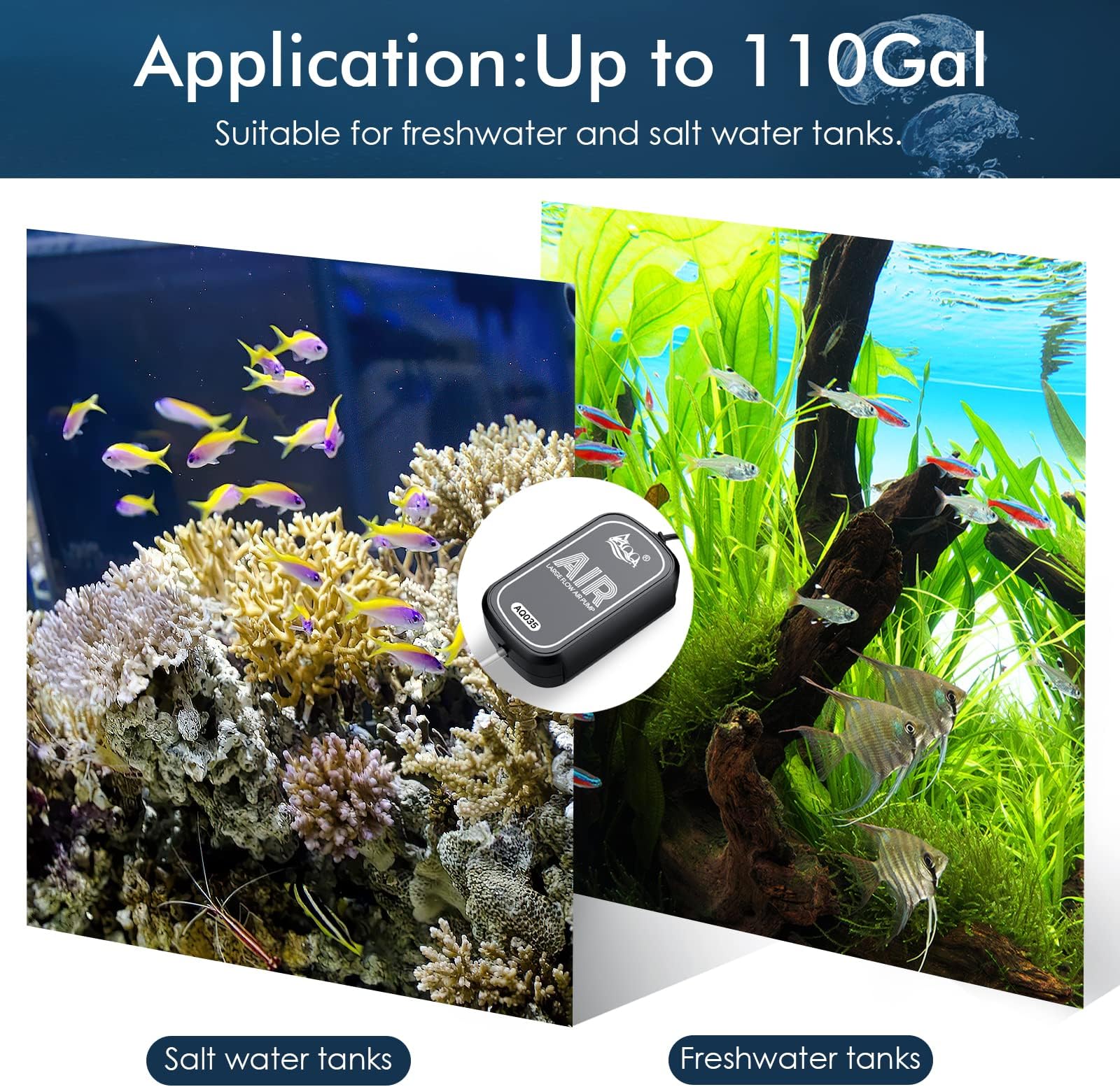 AQQA  AQ035 Aquarium Mini Air Pump | Ultra Quiet & Compact | 72 LPH | 2W | Air Tube, Air Stone and Check Valve Included