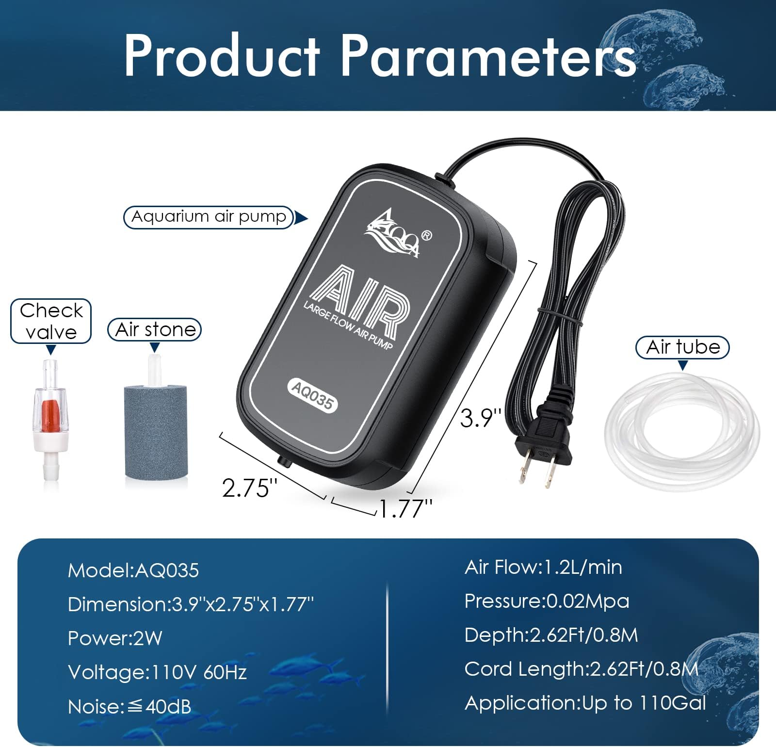 AQQA  AQ035 Aquarium Mini Air Pump | Ultra Quiet & Compact | 72 LPH | 2W | Air Tube, Air Stone and Check Valve Included