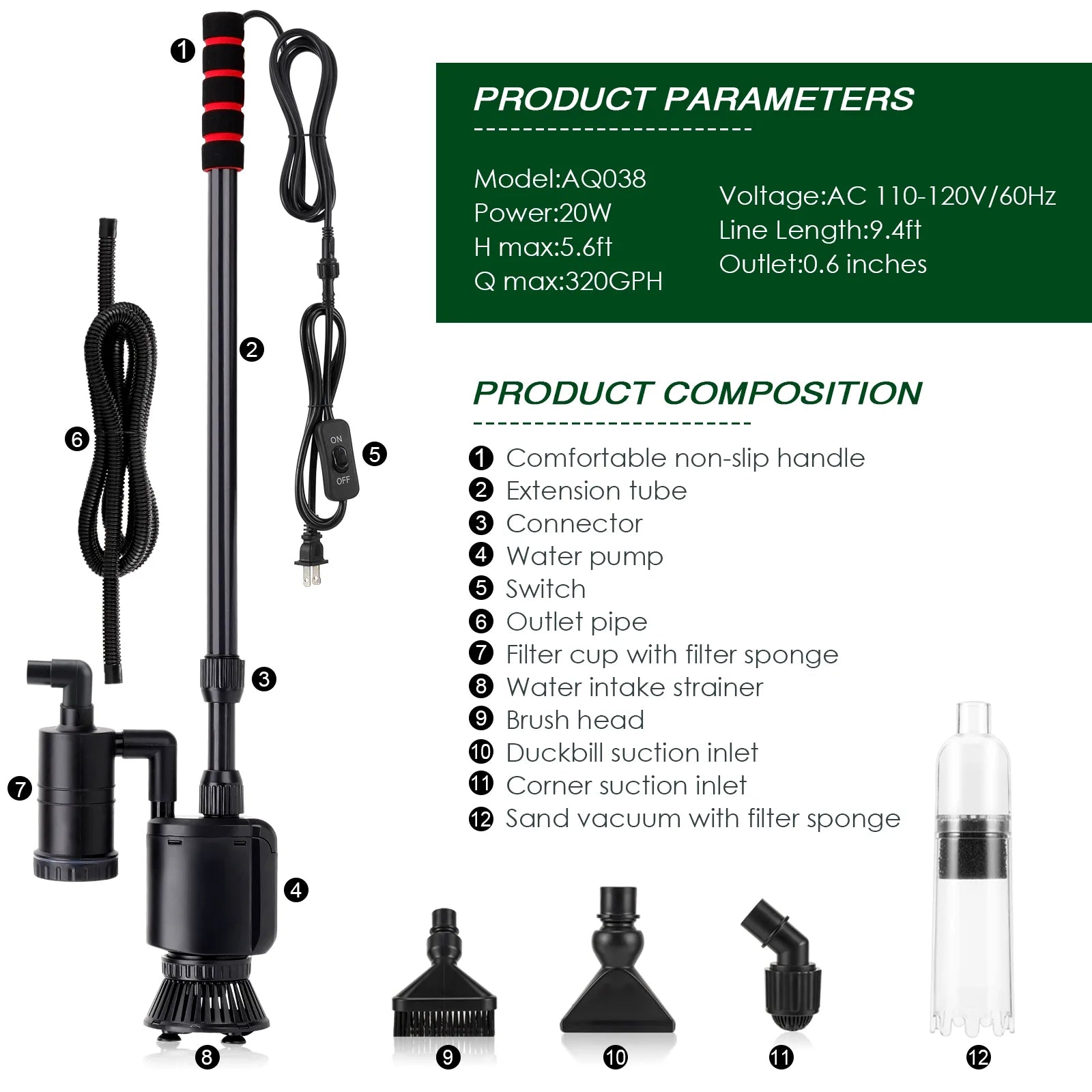 AQQA AQ038 Multifunctional 6-in-1 Aquarium Electirc Gravel Cleaner | Powerful Vacuum | Extendible Handle | Durable Motor