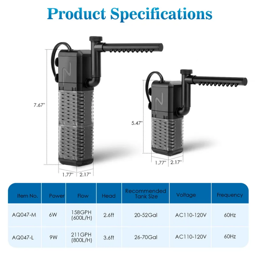 AQQA AQ047 Multi-Use Aquarium Internal Filter | Filtration, Oxygenation & Wavemaker | Compact Design | Silent Operation