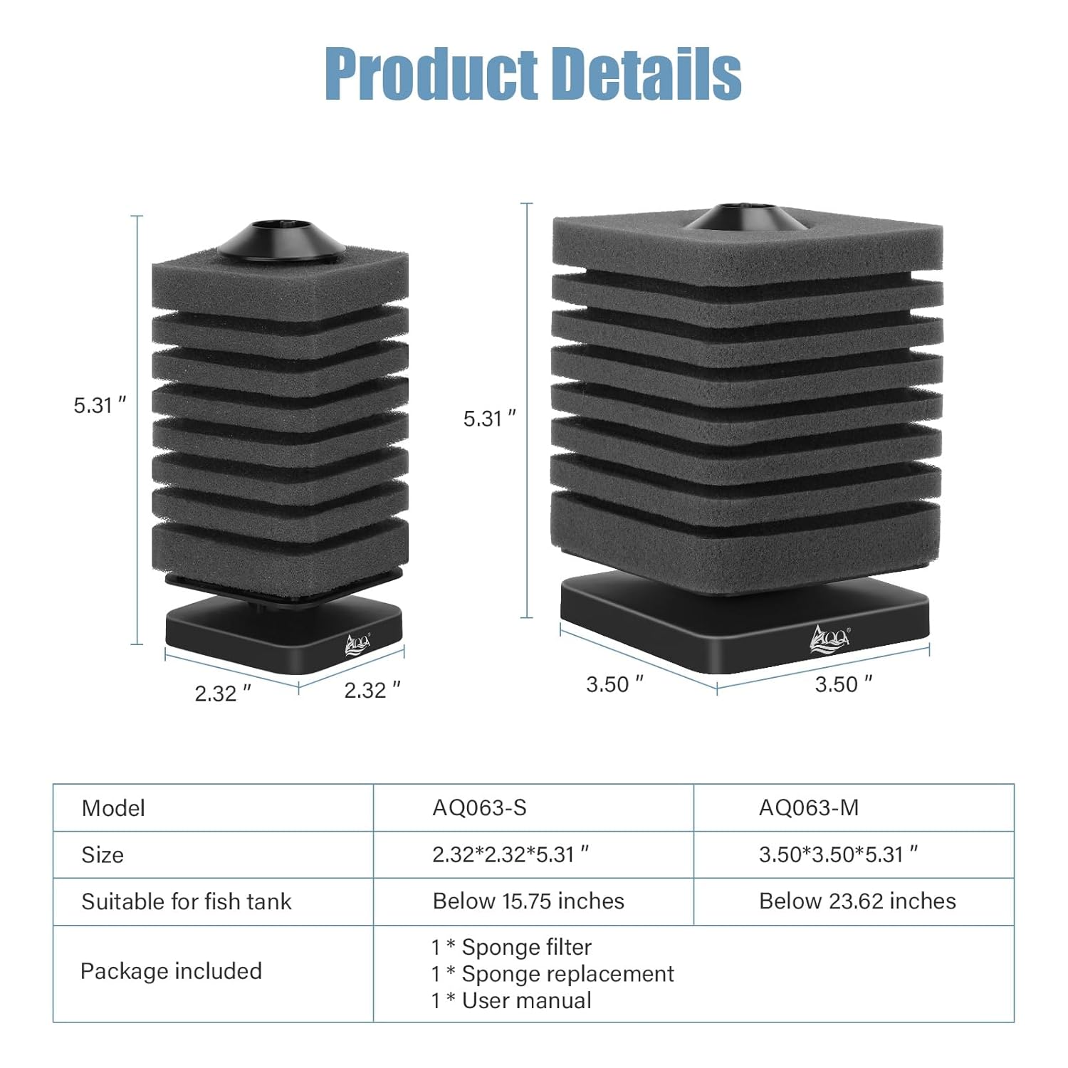 AQQA AQ063 Aquarium Bio Sponge Filter | Anti-Floating Design | Ultra Silent Operation | 99.9% Odour Purification Rate
