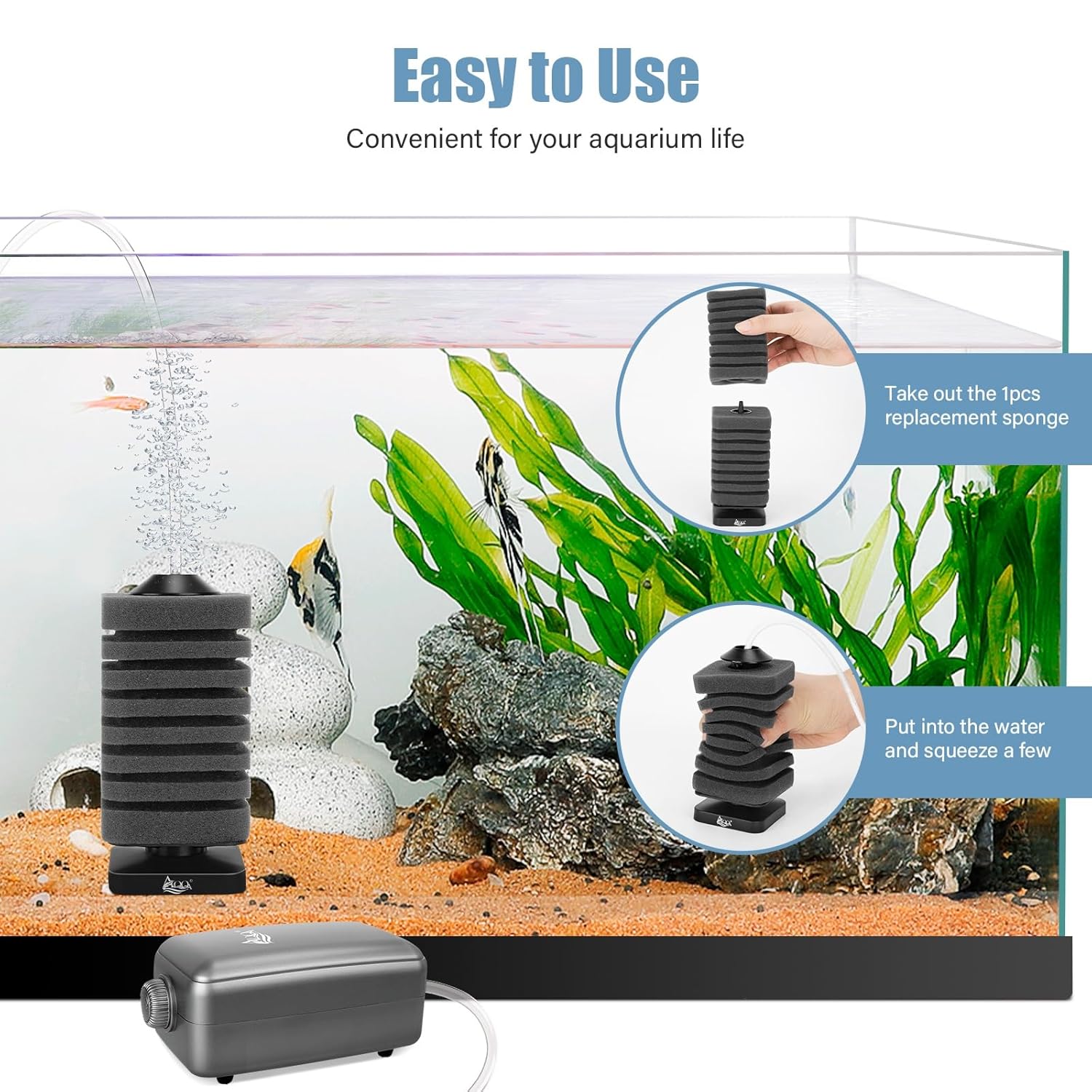 AQQA AQ063 Aquarium Bio Sponge Filter | Anti-Floating Design | Ultra Silent Operation | 99.9% Odour Purification Rate