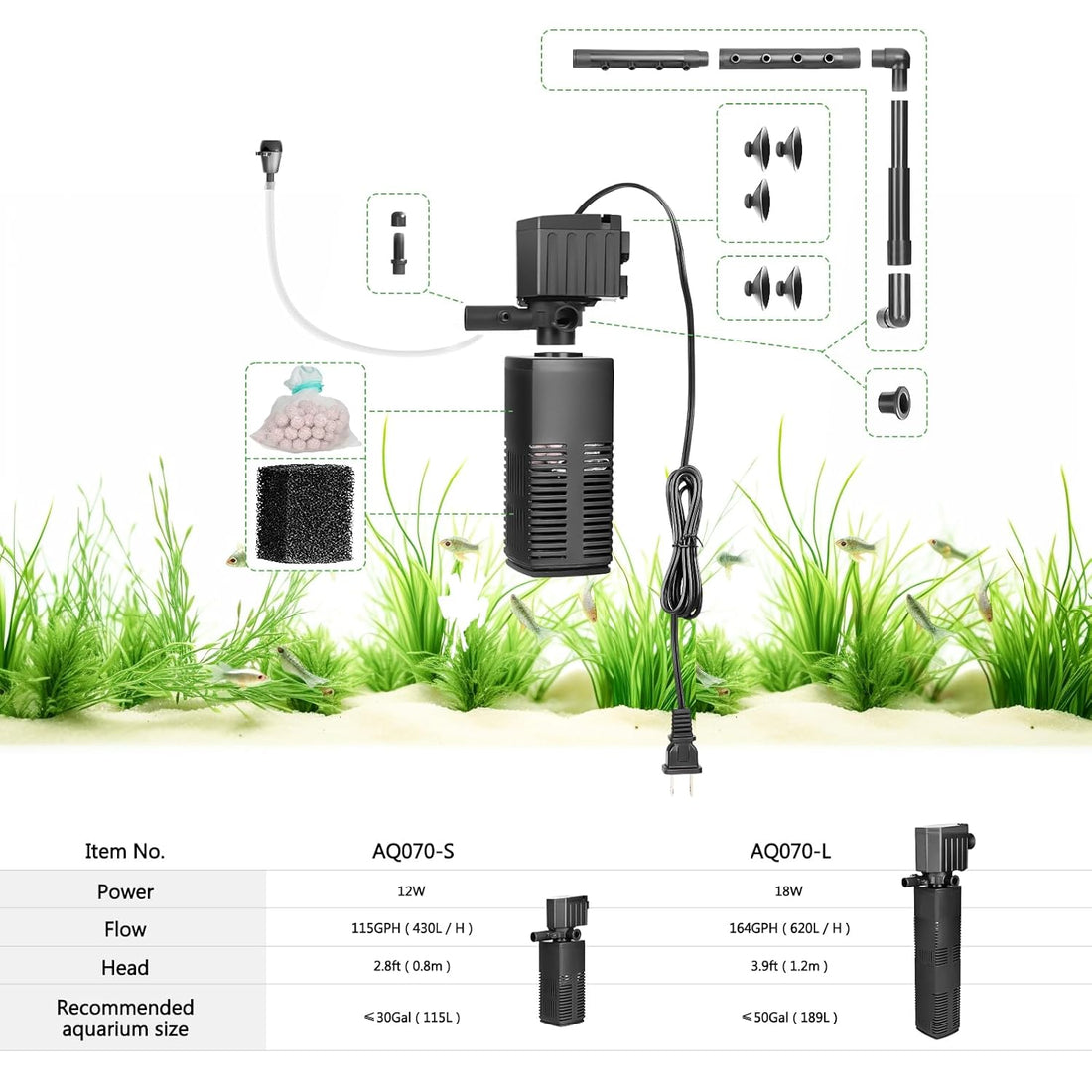 AQQA AQ070 Aquarium Internal Filter | Filtration, Oxygenation, Circulation, Wavemaker | Bio-ceramic & Sponge Filter