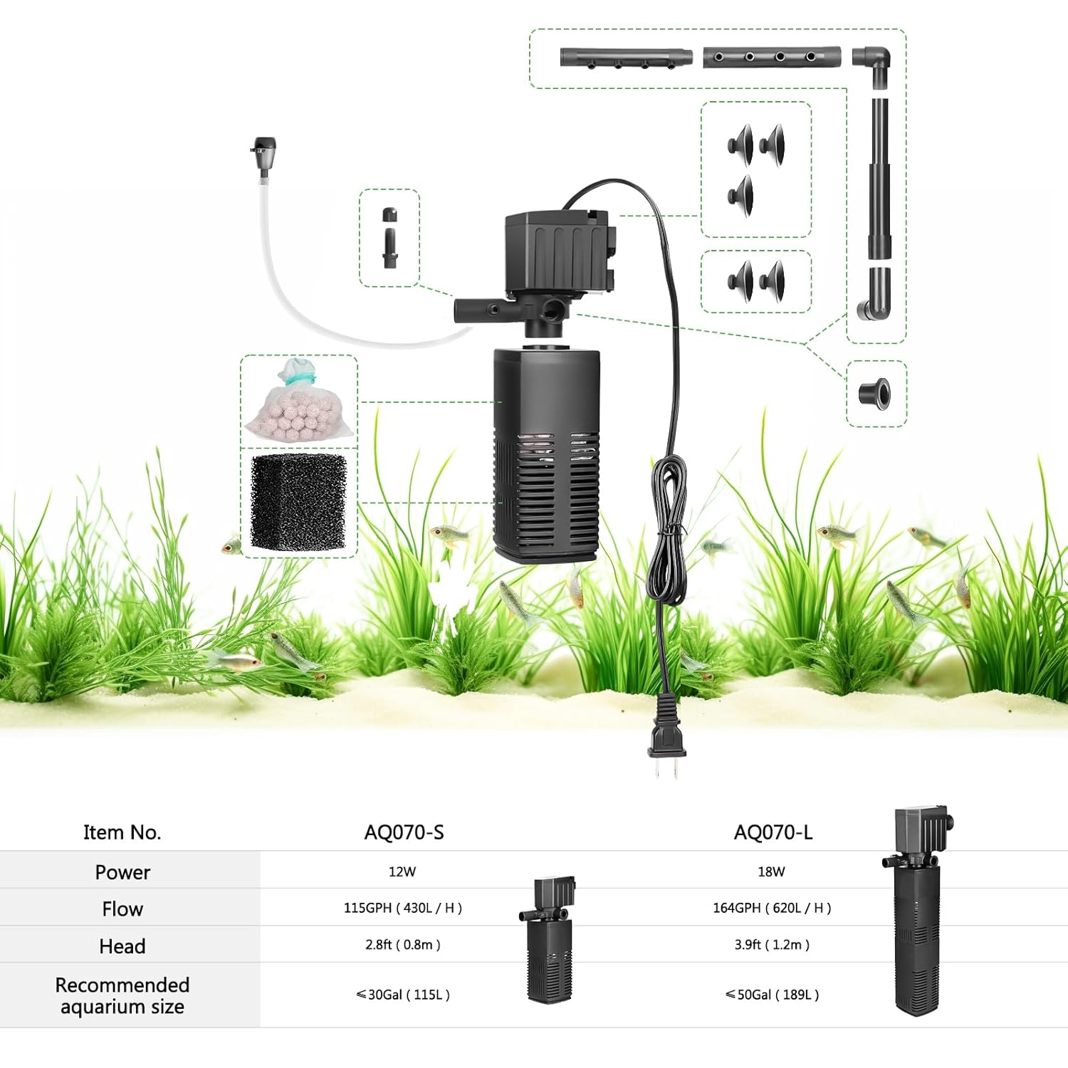 AQQA AQ070 Aquarium Internal Filter | Filtration, Oxygenation, Circulation, Wavemaker | Bio-ceramic & Sponge Filter
