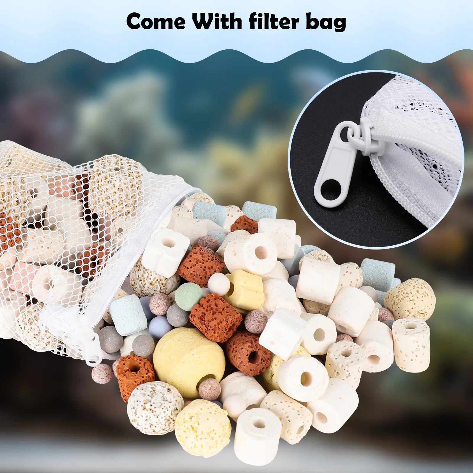 AQQA AQ117 12-in-1 Aquarium Filter Media Set with Mesh Bag | Bio-Ceramic Rings & Balls, Activated Carbon, Volcanic Rocks