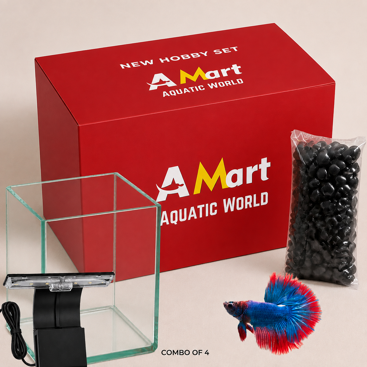 Gift a Hobby Bundle - Mini Curved Glass Aquarium Tank | Clip-on LED Light (6W) | Black Pebble Pouch | Betta Fish (Optional)