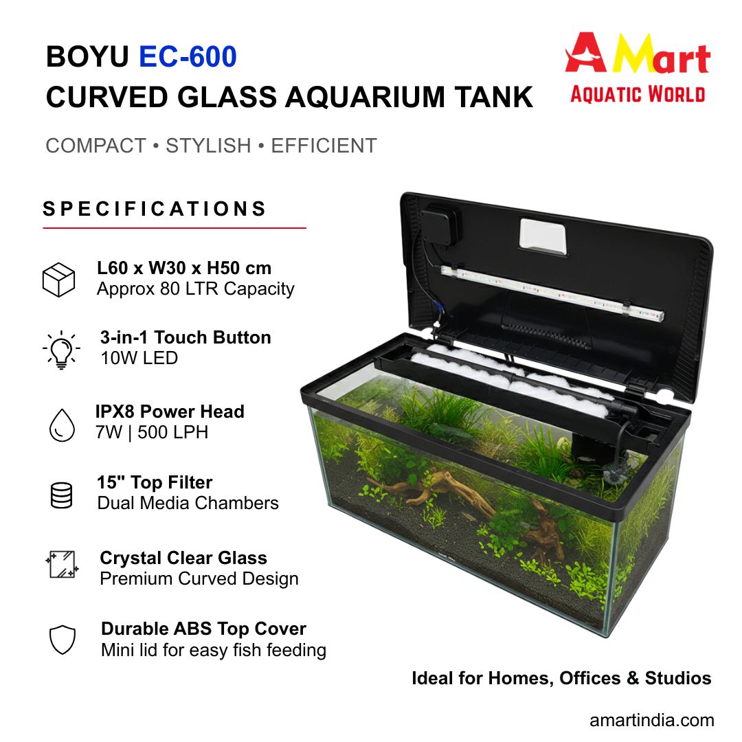 SUNSUN XHR-600 Hot-Bent Glass Aquarium Tank | 76 Ltr Capacity | Built-in Filtration | Adjustable Lighting & Brightness