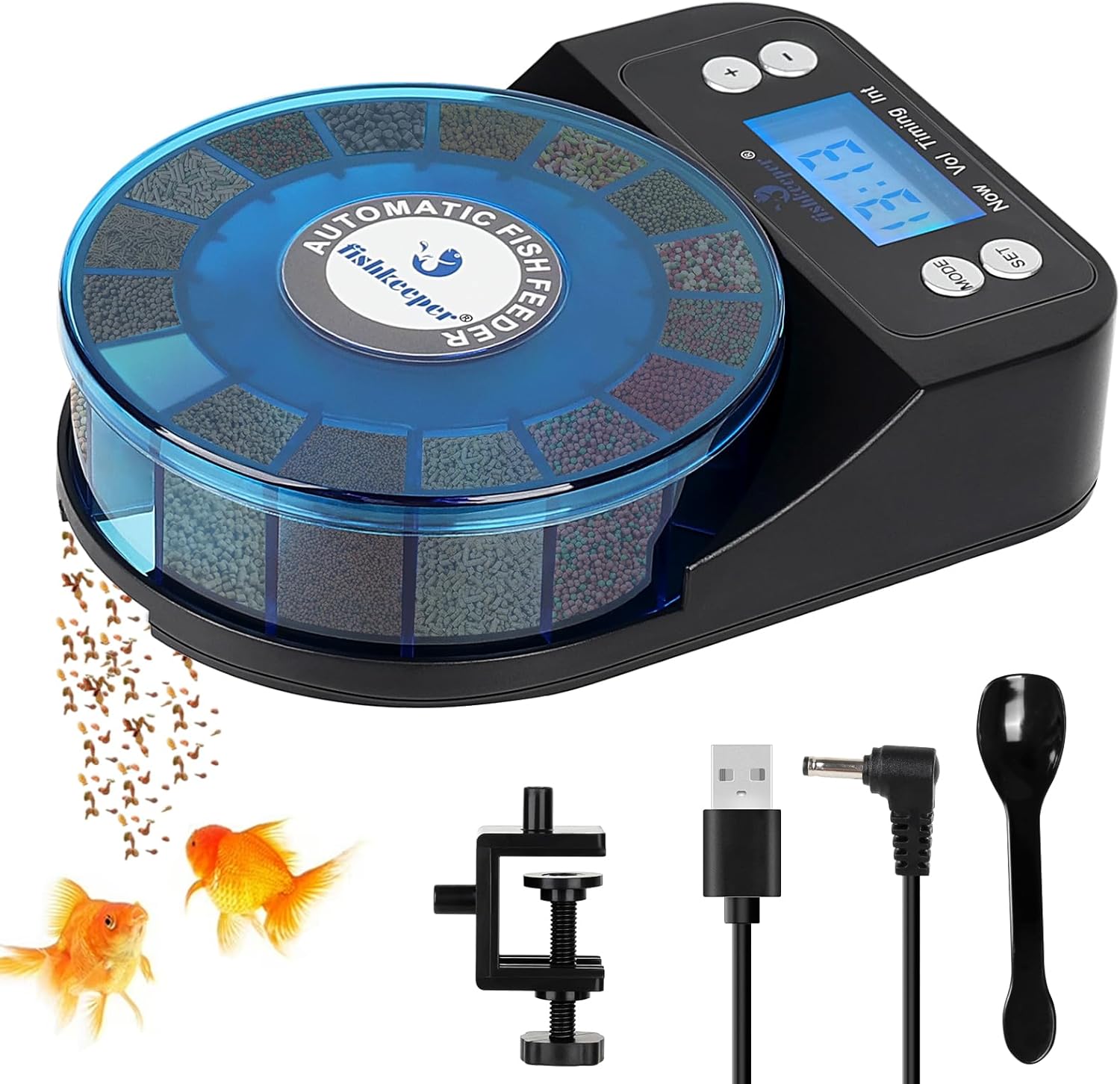 FISHKEEPER FK036 Automatic Fish Feeder | 16-Compartment Rotating Drum | Moisture Proof | Memory Function | 9 Presets