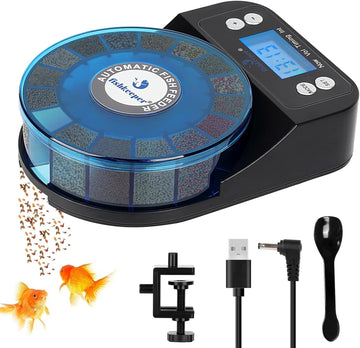 FISHKEEPER FK036 Automatic Fish Feeder | 16-Compartment Rotating Drum | Moisture Proof | Memory Function | 9 Presets