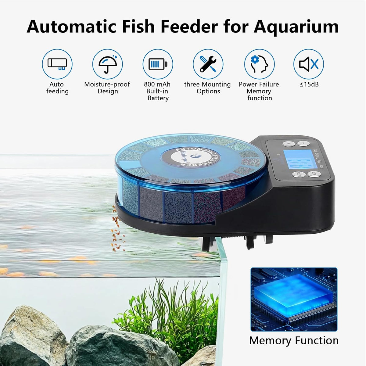 FISHKEEPER FK036 Automatic Fish Feeder | 16-Compartment Rotating Drum | Moisture Proof | Memory Function | 9 Presets