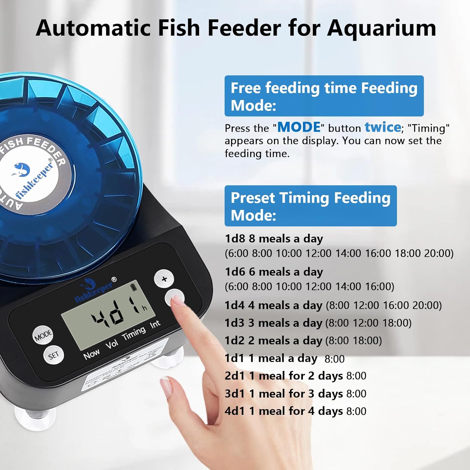 FISHKEEPER FK036 Automatic Fish Feeder | 16-Compartment Rotating Drum | Moisture Proof | Memory Function | 9 Presets