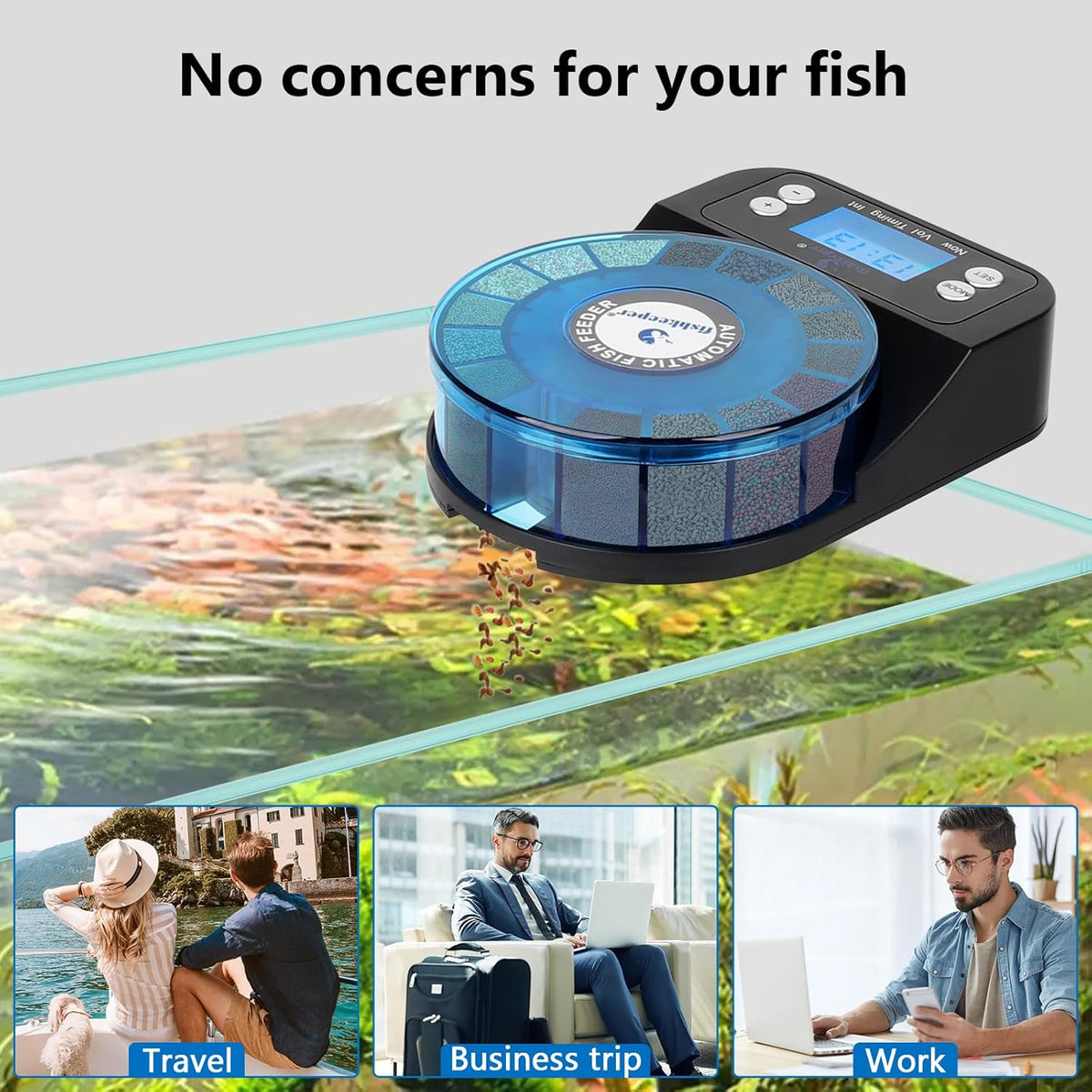 FISHKEEPER FK036 Automatic Fish Feeder | 16-Compartment Rotating Drum | Moisture Proof | Memory Function | 9 Presets