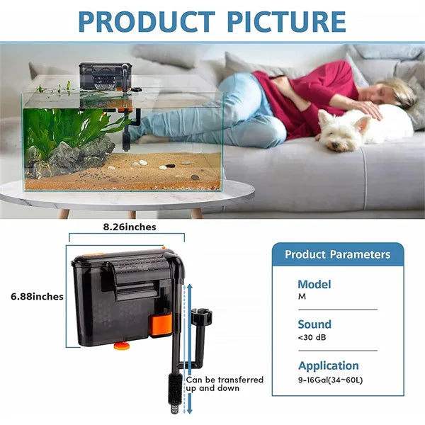 HYGGER HG027-M 3-in-1 Hang On Aquarium Filter | Activated Carbon Filter, Oxygenation & Circulation | Surface Oil Skimmer