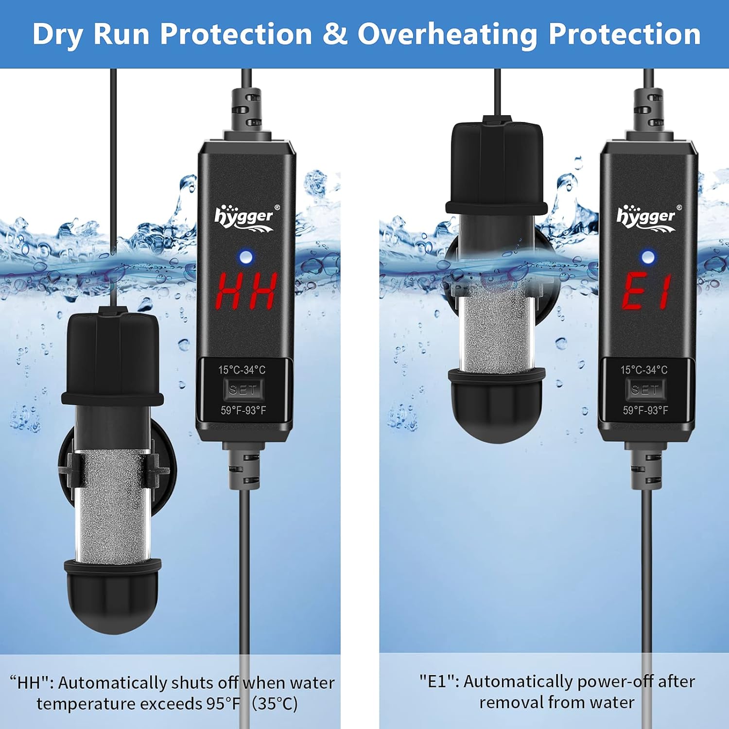 HYGGER HG031-10W Mini Fish Tank Heater | Dry Run/Overheat Protection | External Controller | LED Display