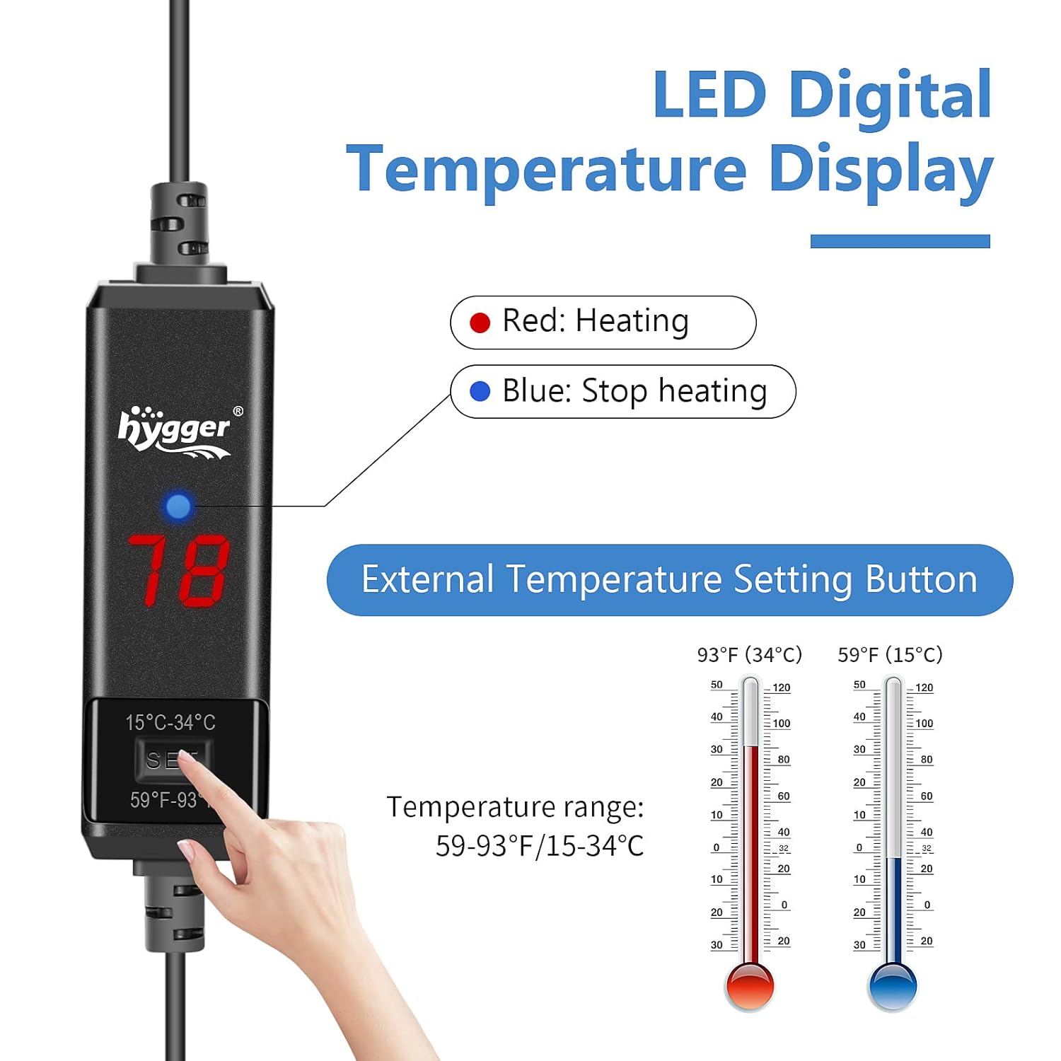 HYGGER HG031-10W Mini Fish Tank Heater | Dry Run/Overheat Protection | External Controller | LED Display
