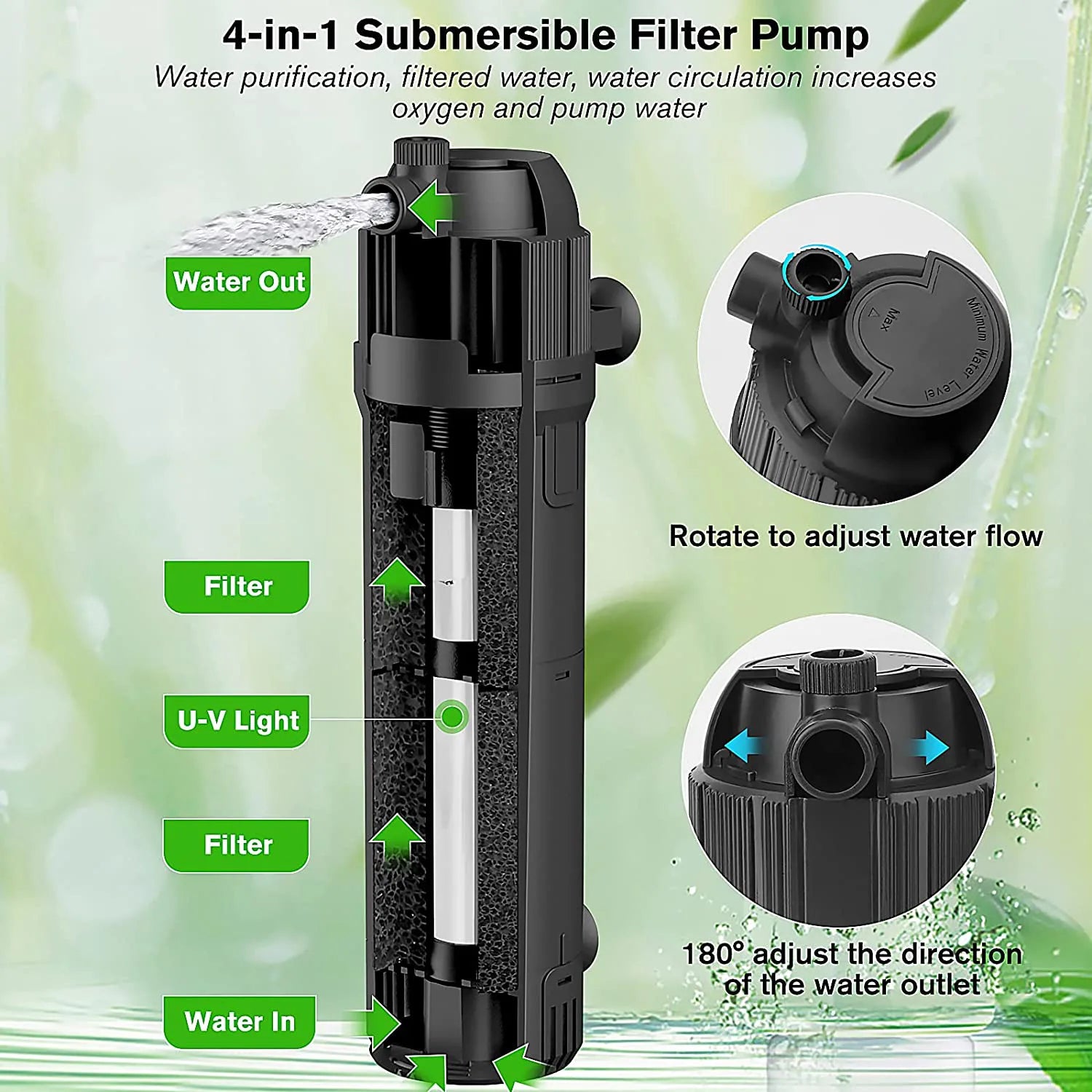 HYGGER HG032 4-in-1 Smart Aquarium Internal Filter | Built-in UV with 4/8/24H Timer | Activated Carbon Filter