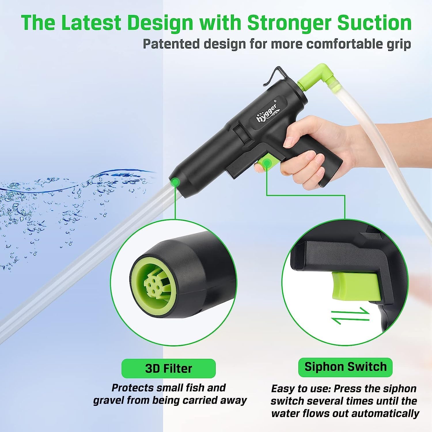 HYGGER HG036-12mm Aquarium Gravel Cleaner & Water Changer | 4-in-1 Function | Strong Suction Power | Easy to Use
