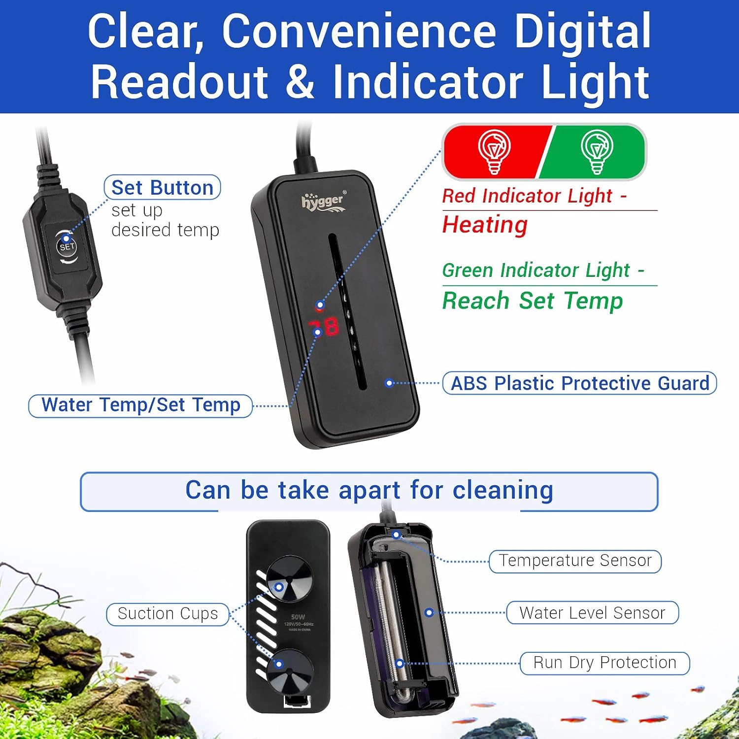 HYGGER HG045-100W Mini Fish Tank Heater | Memory Function | Smart Temp Sensor | Overheat Protect | Covered Quartz Glass