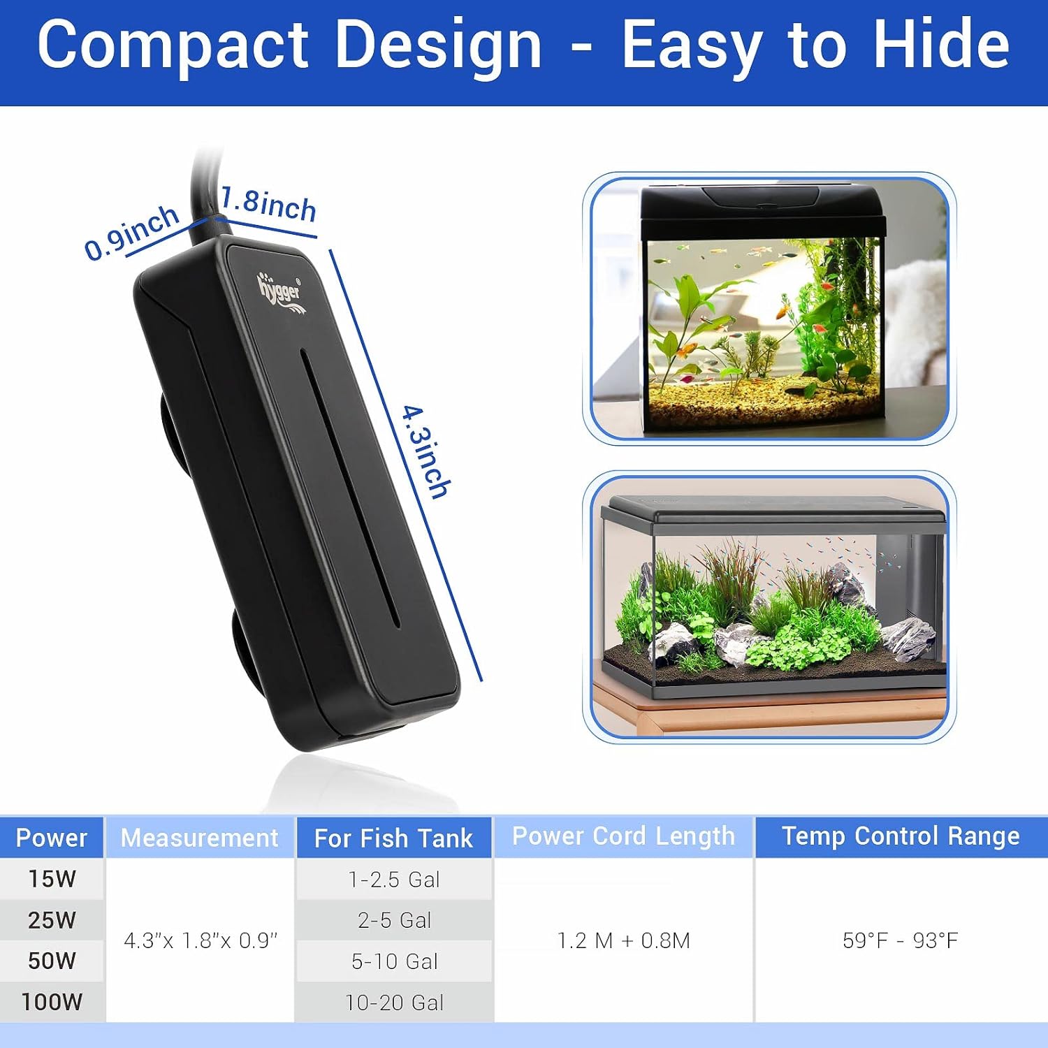 HYGGER HG045-100W Mini Fish Tank Heater | Memory Function | Smart Temp Sensor | Overheat Protect | Covered Quartz Glass