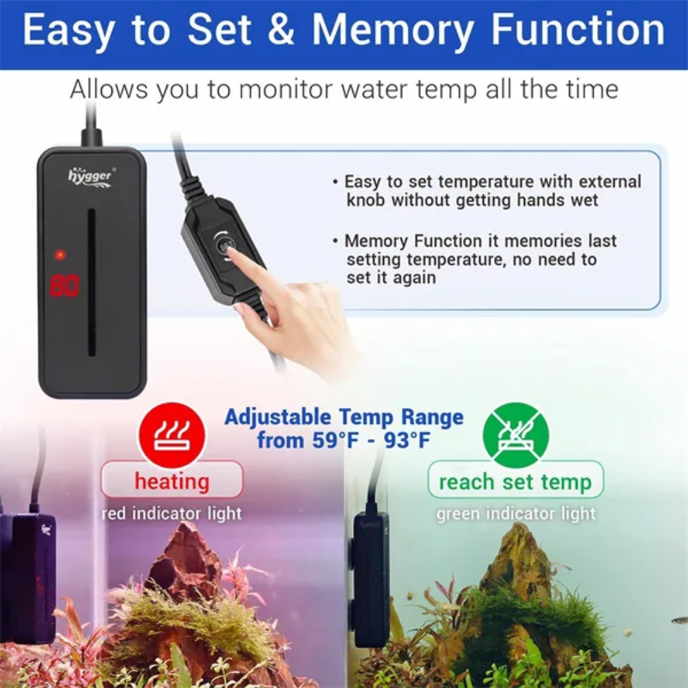 HYGGER HG045-100W Mini Fish Tank Heater | Memory Function | Smart Temp Sensor | Overheat Protect | Covered Quartz Glass