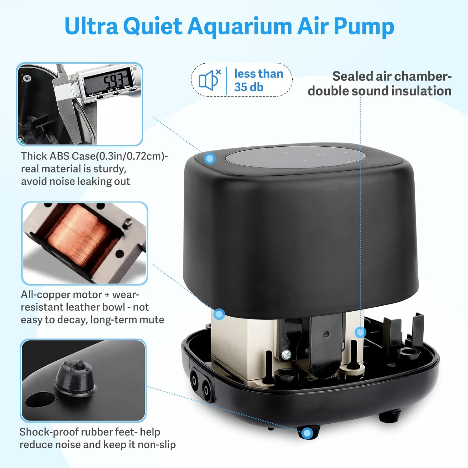 HYGGER HG046‑5W Quiet Aquarium Air Pump | Dual-Outlets & Flow Control | Deep Tank Capability | Durable All-Copper Motor