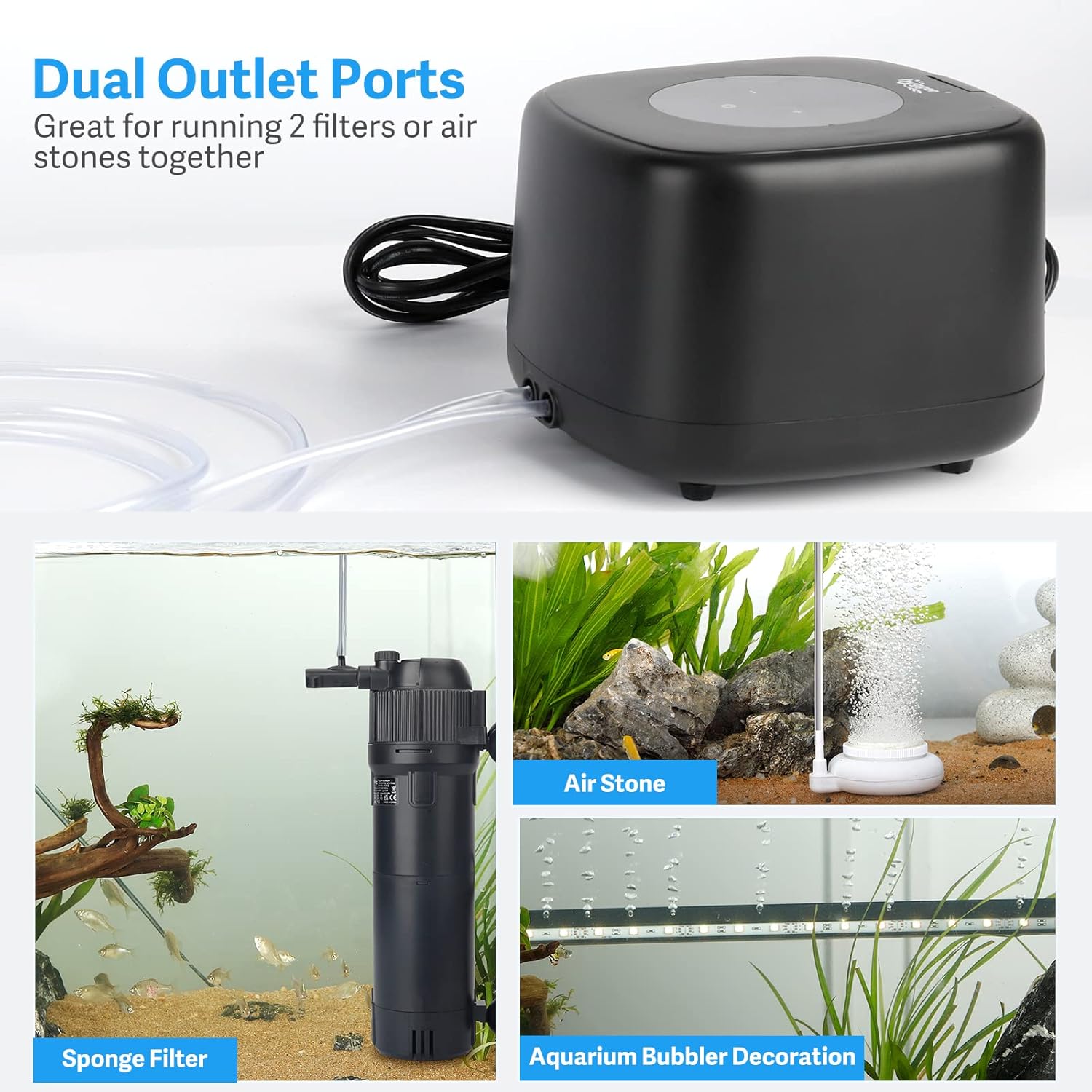 HYGGER HG046‑5W Quiet Aquarium Air Pump | Dual-Outlets & Flow Control | Deep Tank Capability | Durable All-Copper Motor
