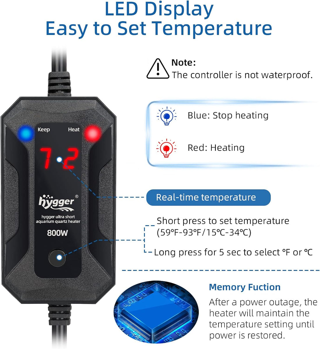 HYGGER HG060 300W Aquarium Heater | Explosion Proof Quartz Glass | External Controller | Added Safety Features