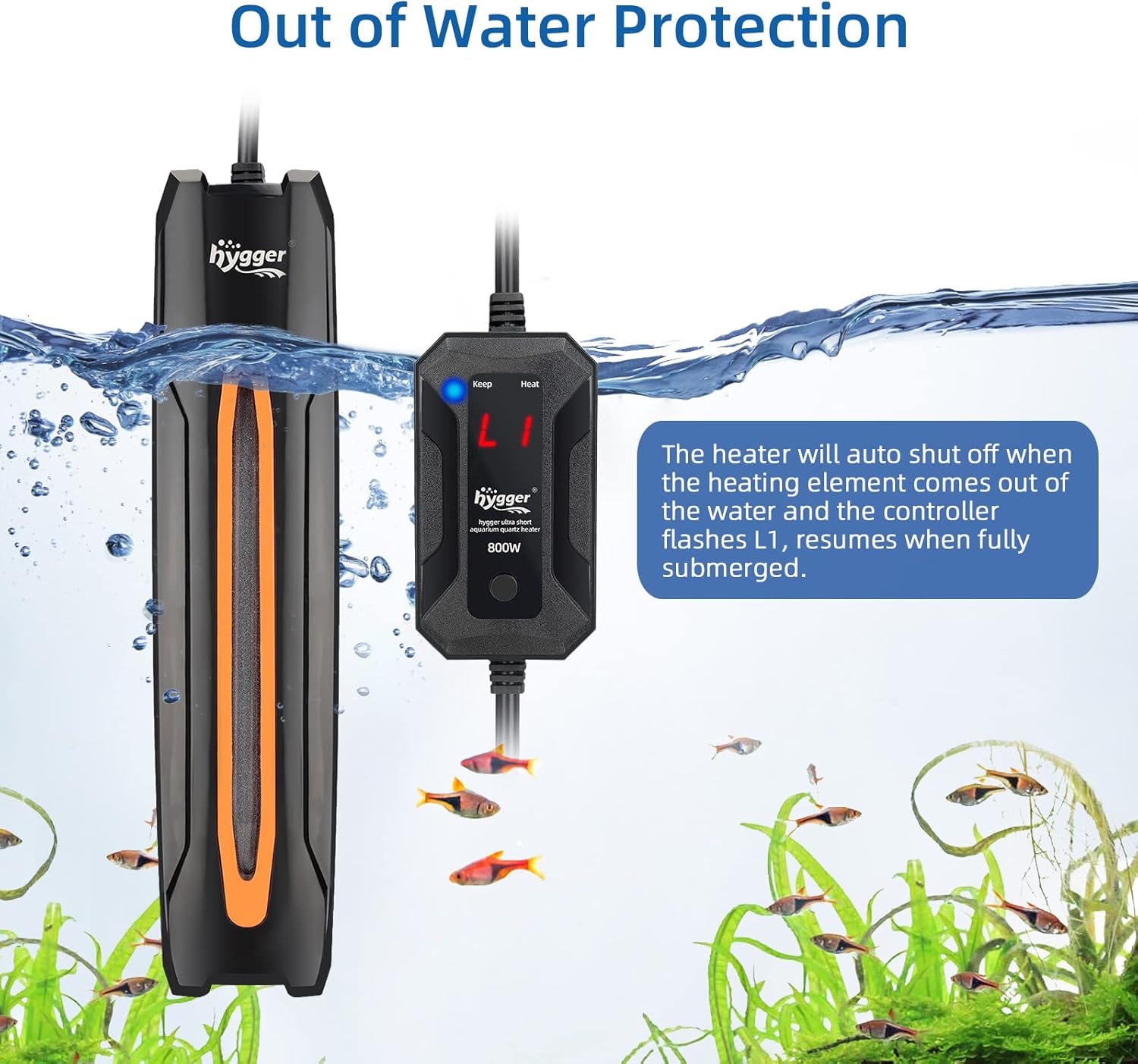 HYGGER HG060 300W Aquarium Heater | Explosion Proof Quartz Glass | External Controller | Added Safety Features