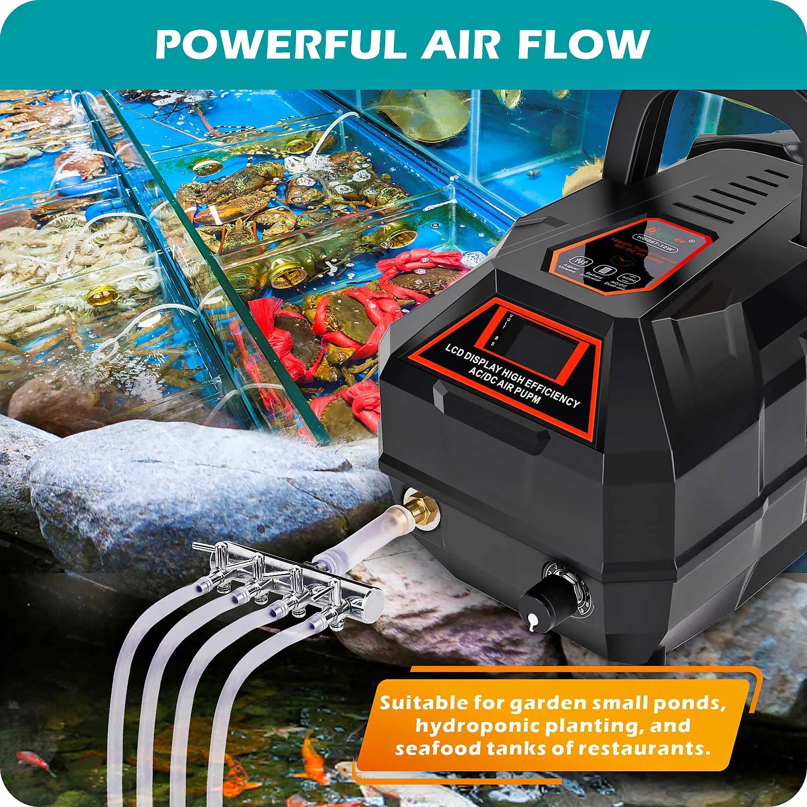 HYGGER HG067-10W Rechargeable Quiet Aquarium Air Pump | Dual Power (AC/DC) | Adjustable flow | 8Hr Backup | LCD Display