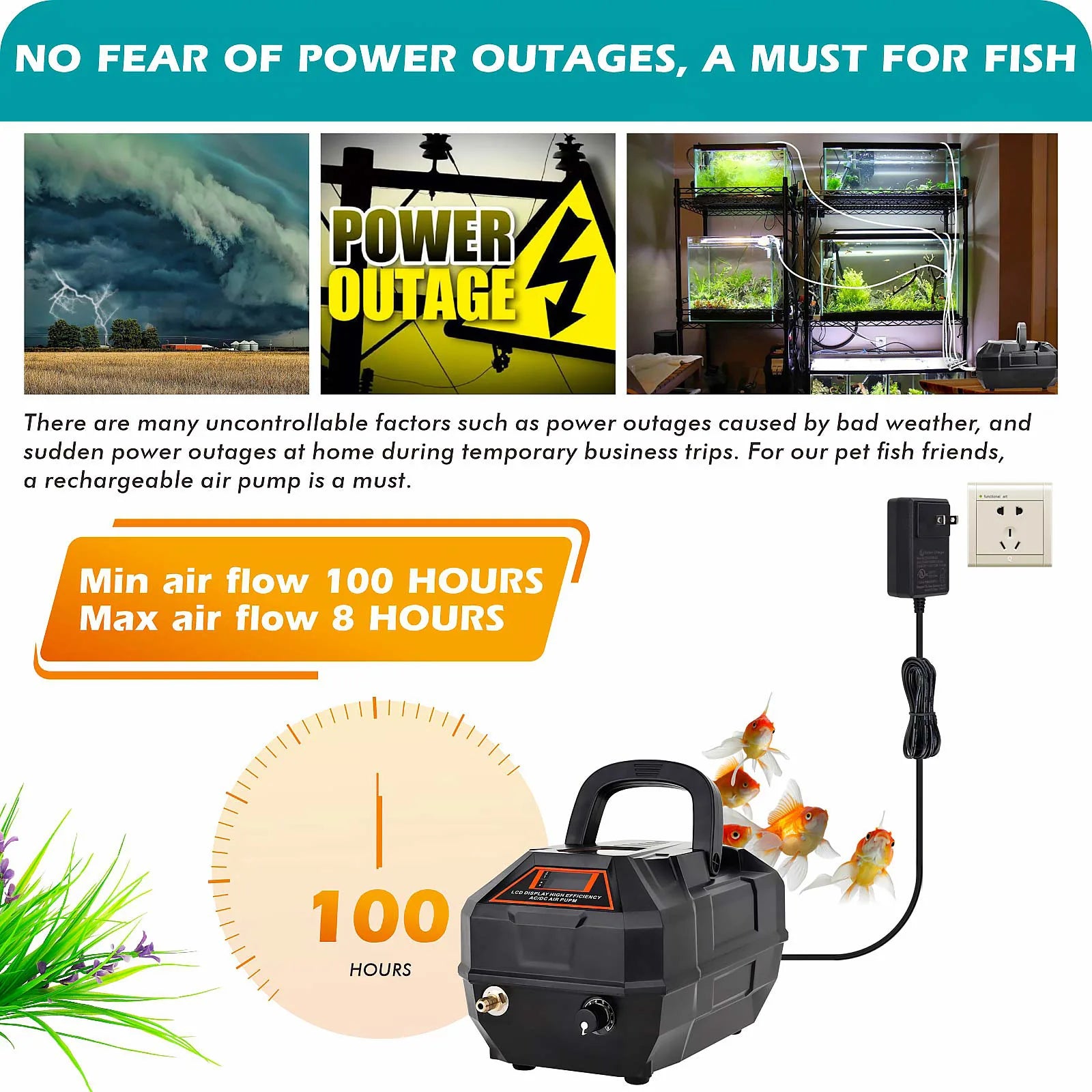 HYGGER HG067-10W Rechargeable Quiet Aquarium Air Pump | Dual Power (AC/DC) | Adjustable flow | 8Hr Backup | LCD Display