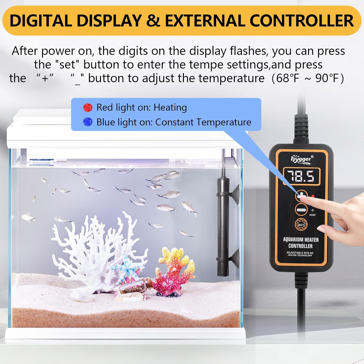 HYGGER HG083 Mini Aquarium Heater | LED Display | External Controller | Stable Heating | Auto Shut-off & Anti-Burn