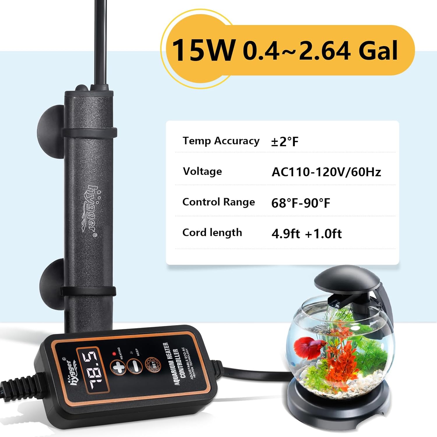 HYGGER HG083 Mini Aquarium Heater | LED Display | External Controller | Stable Heating | Auto Shut-off & Anti-Burn