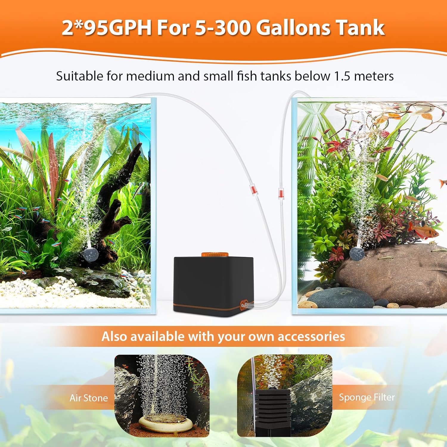 HYGGER HG095-4W Strong Aquarium Air Pump for Medium Large Fish Tank | Ultra-Quiet | Dual Outlets | Adjustable Airflow