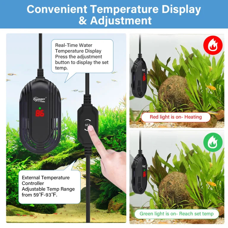 HYGGER HG097 Betta/Turtle Tank Heater | Built-in Temp Sensor I LED Display I Memory Function | Anti-Burn Protection