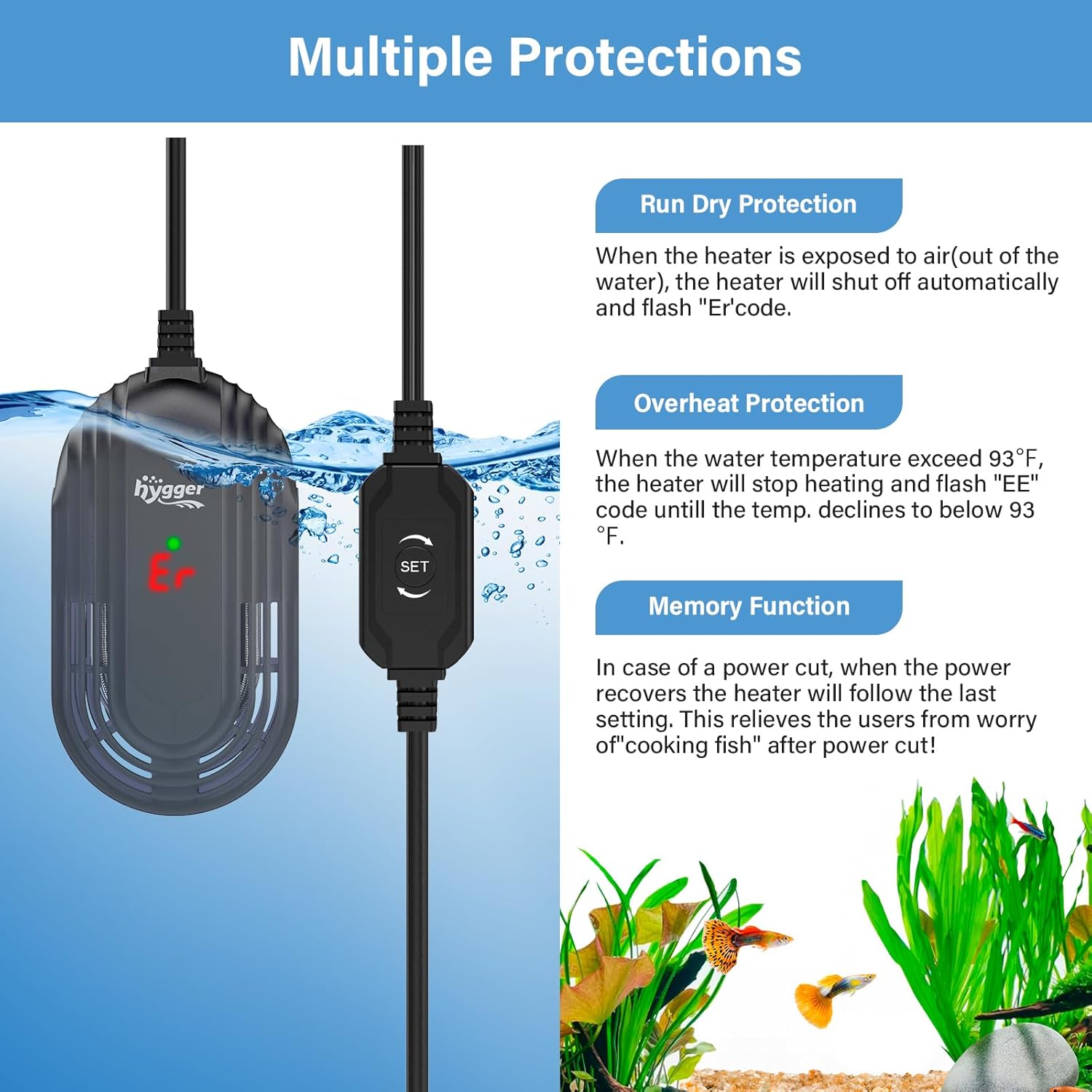 HYGGER HG097 Betta/Turtle Tank Heater | Built-in Temp Sensor I LED Display I Memory Function | Anti-Burn Protection