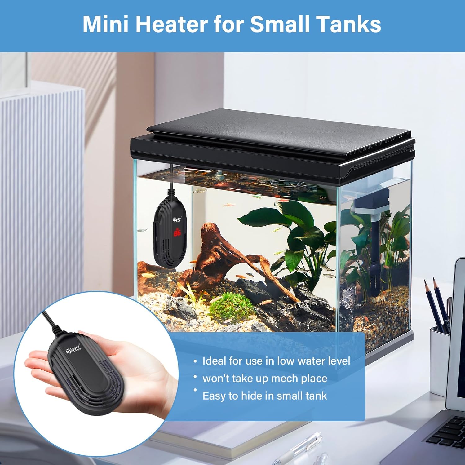 HYGGER HG097 Betta/Turtle Tank Heater | Built-in Temp Sensor I LED Display I Memory Function | Anti-Burn Protection