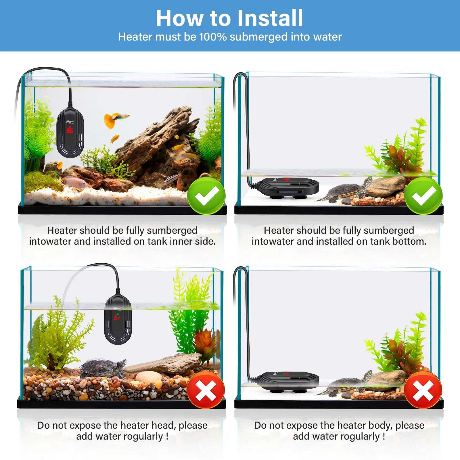 HYGGER HG097 Betta/Turtle Tank Heater | Built-in Temp Sensor I LED Display I Memory Function | Anti-Burn Protection