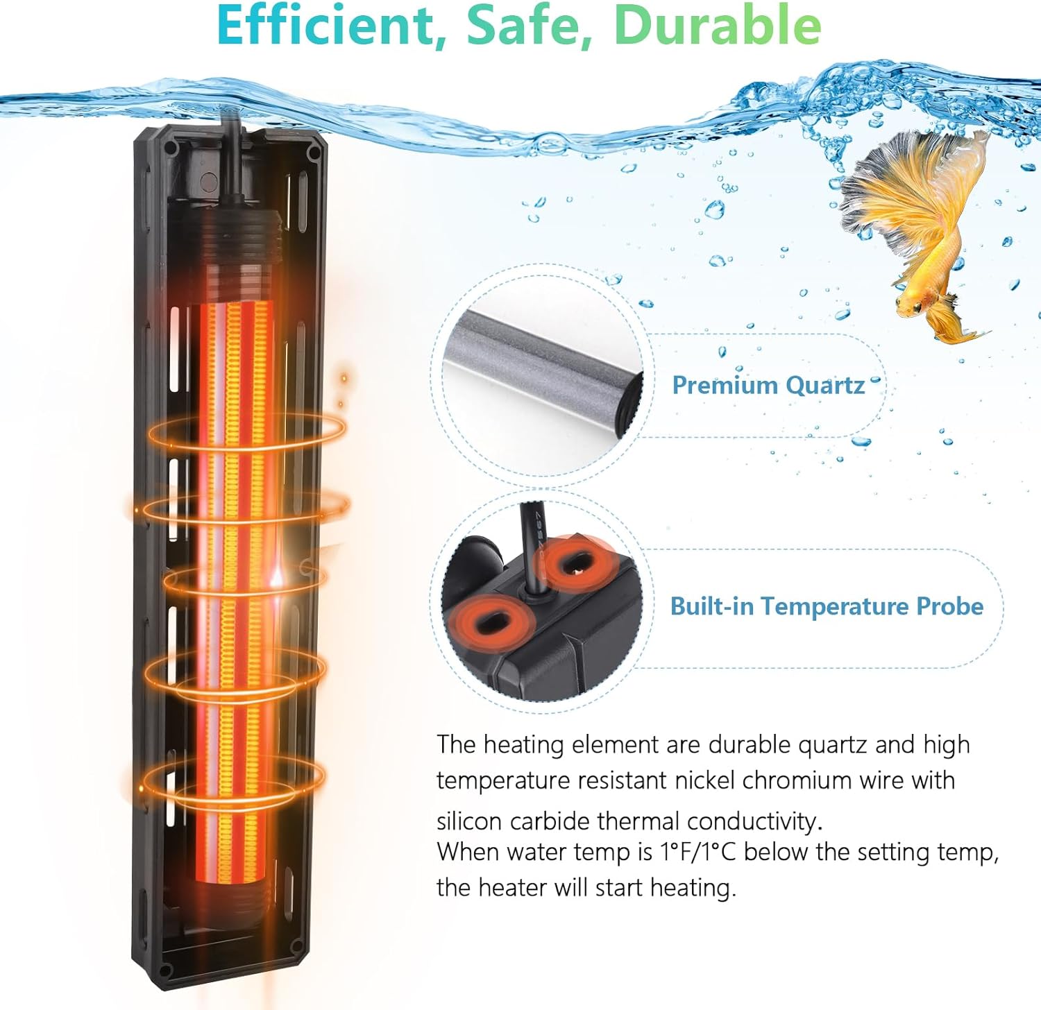 HYGGER HG102 Explosion Proof Quartz Glass Aquarium Heater | External Temperature Controller | High Accuracy (200W)