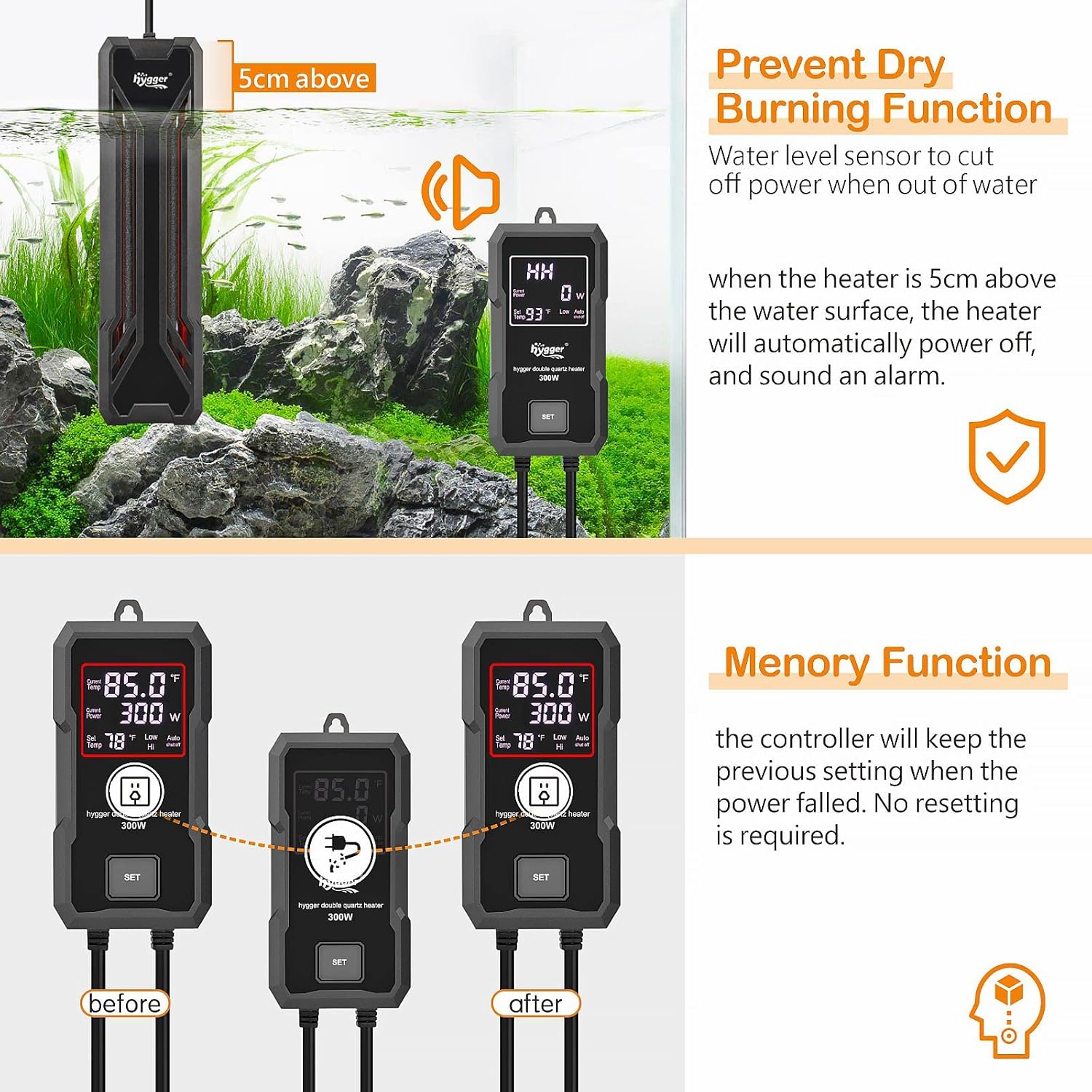 HYGGER HG113 Submersible Fish Tank Heater | External Temperature Controller | Uniform Heat Dissipation | Safety Features